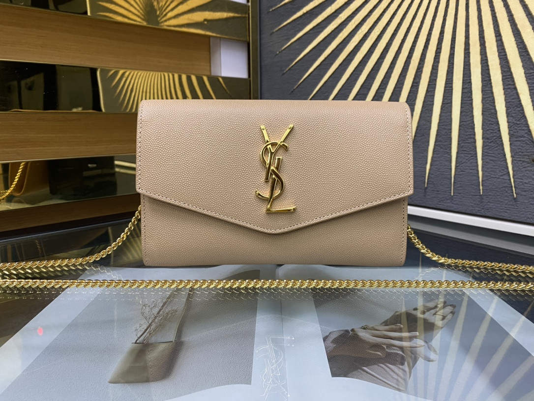 YSL UPTOWN CHAIN WALLET IN GRAIN DE POUDRE EMBOSSED LEATHER DARK BEIGE 7.5 X 4.7 X 1.2 INCHES