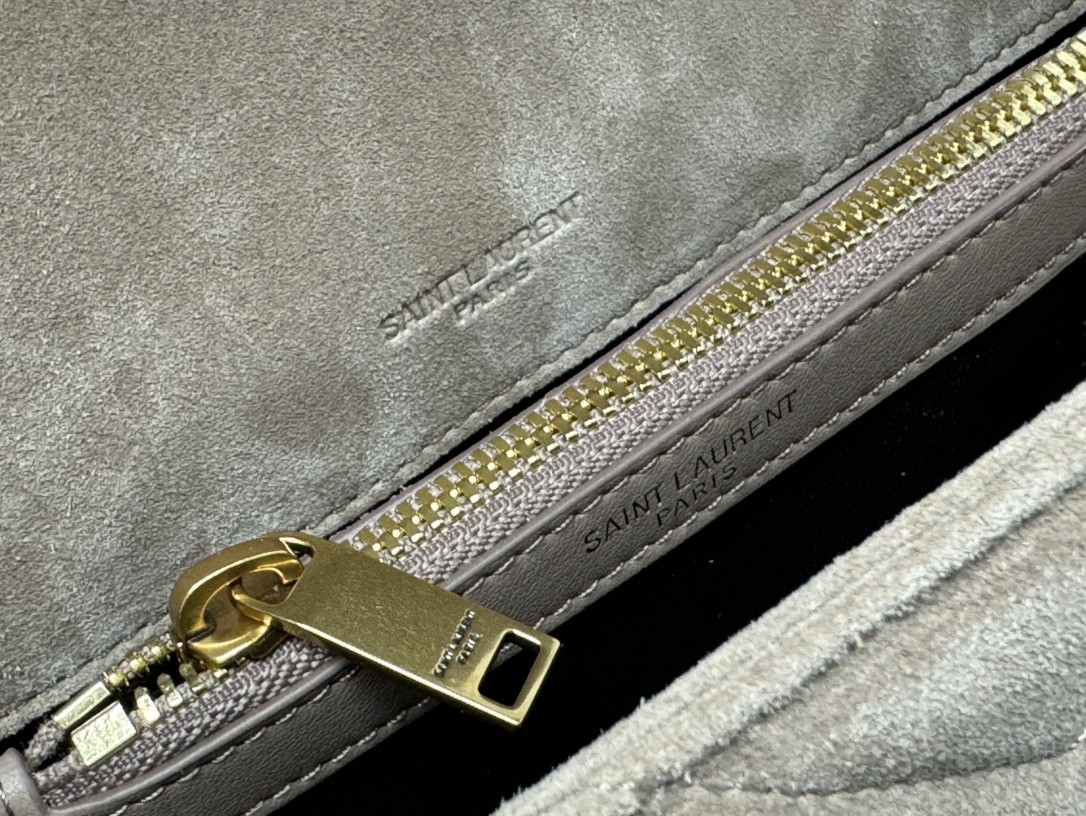 YSL COLLEGE MEDIUM IN QUILTED SUEDE GRAY 9.4 X 6.6 X 2.5 INCHES
