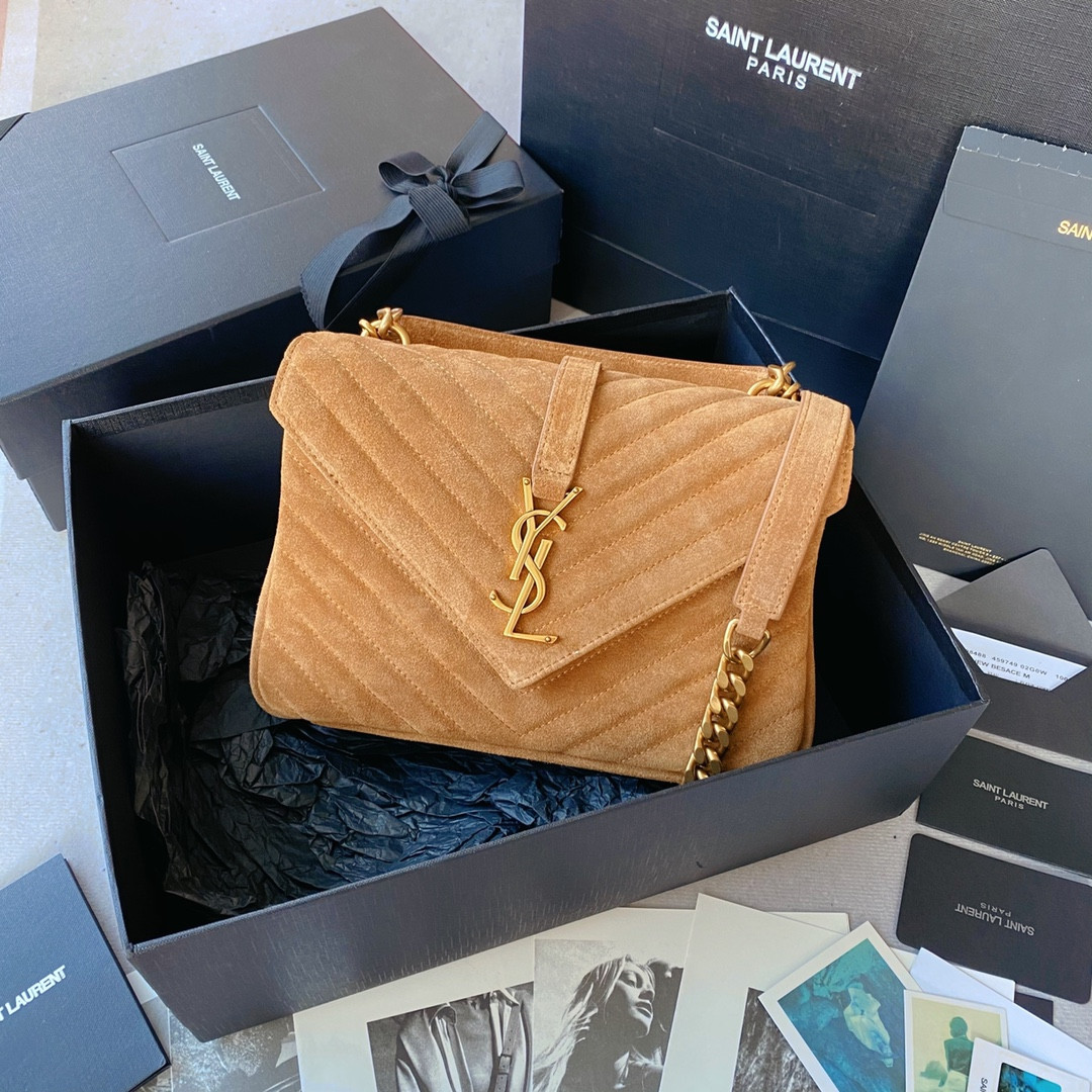 YSL COLLEGE MEDIUM IN QUILTED SUEDE BROWN 9.4 X 6.6 X 2.5 INCHES