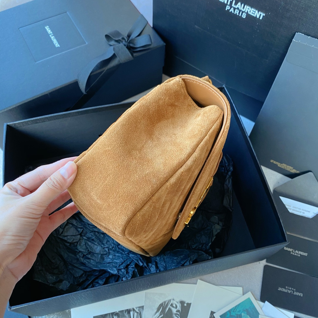 YSL COLLEGE MEDIUM IN QUILTED SUEDE BROWN 9.4 X 6.6 X 2.5 INCHES