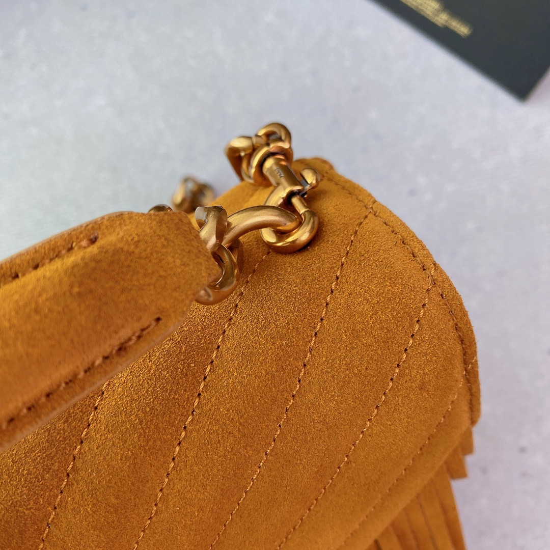 YSL COLLEGE MEDIUM IN QUILTED SUEDE ORANGE 9.4 X 6.6 X 2.5 INCHES