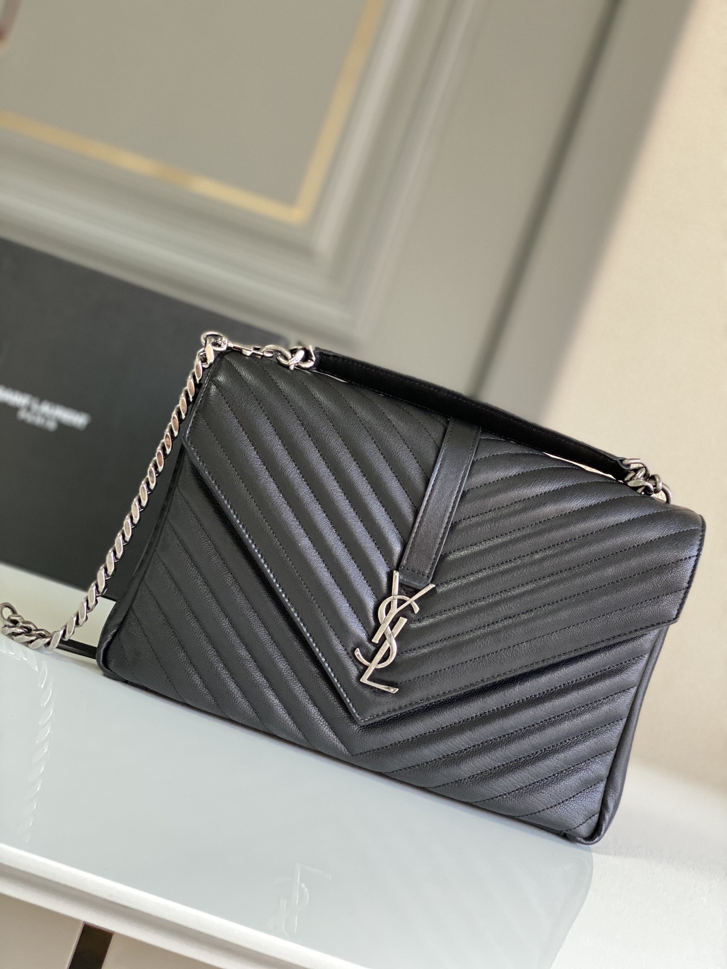 YSL COLLEGE LARGE IN QUILTED LEATHER BLACK SILVER 32X21X8 CM