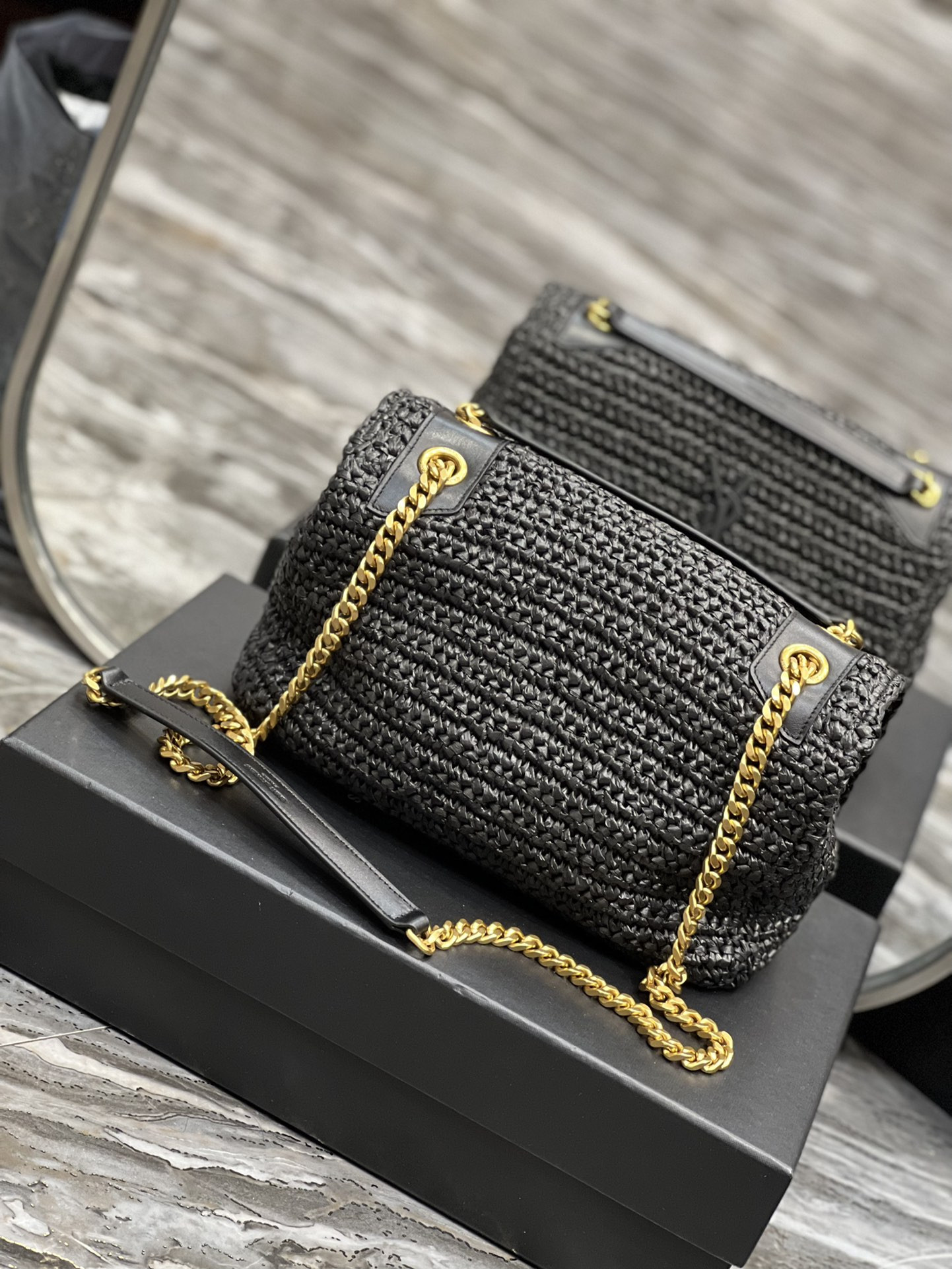 YSL NIKI MEDIUM CHAIN BAG IN RAFFIA AND LEATHER BLACK 11 X 7.8 X 3.3 INCHES