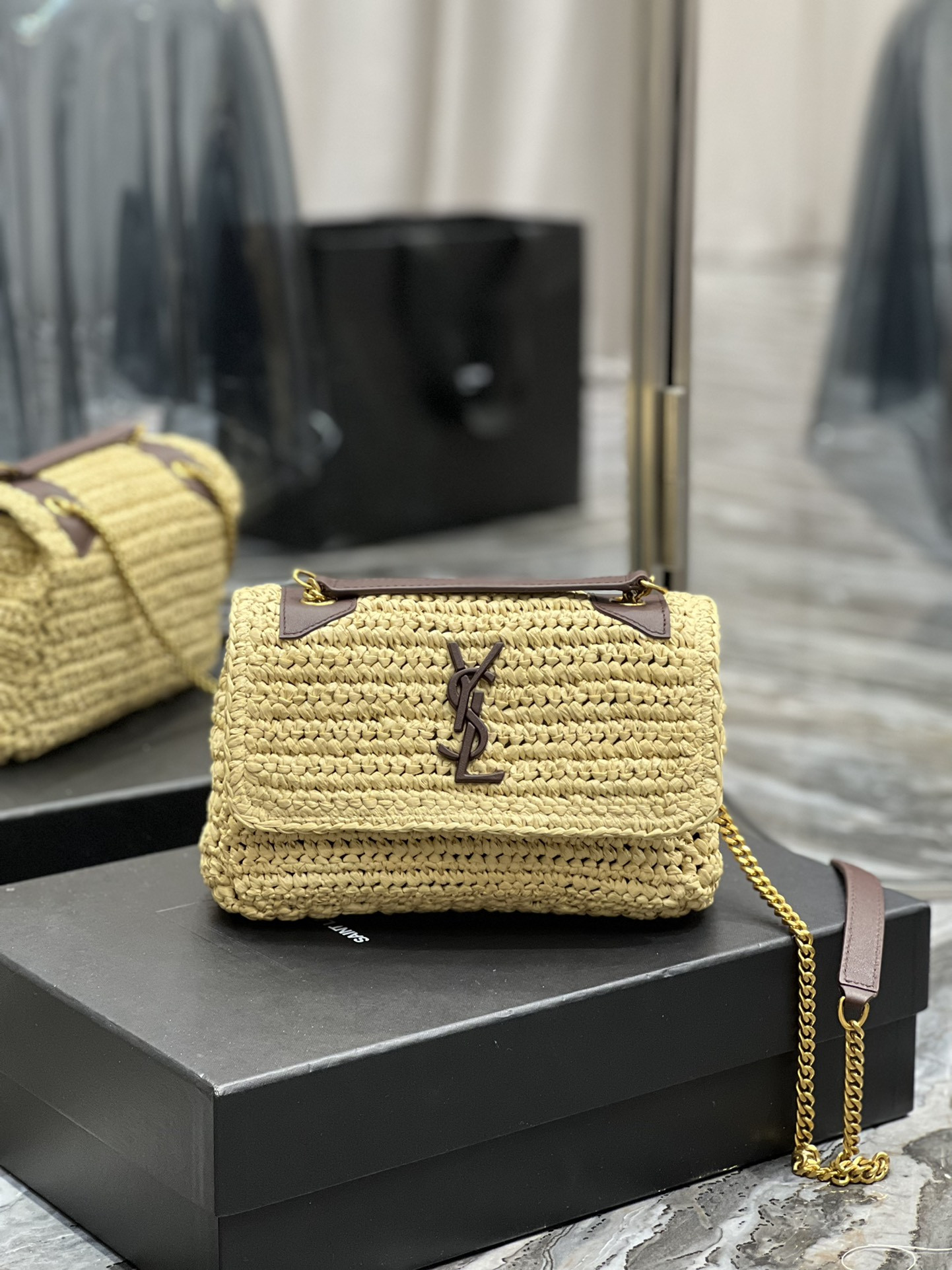 YSL NIKI CHAIN BAG IN RAFFIA AND LEATHER BEIGE 22×16.5×12 CM
