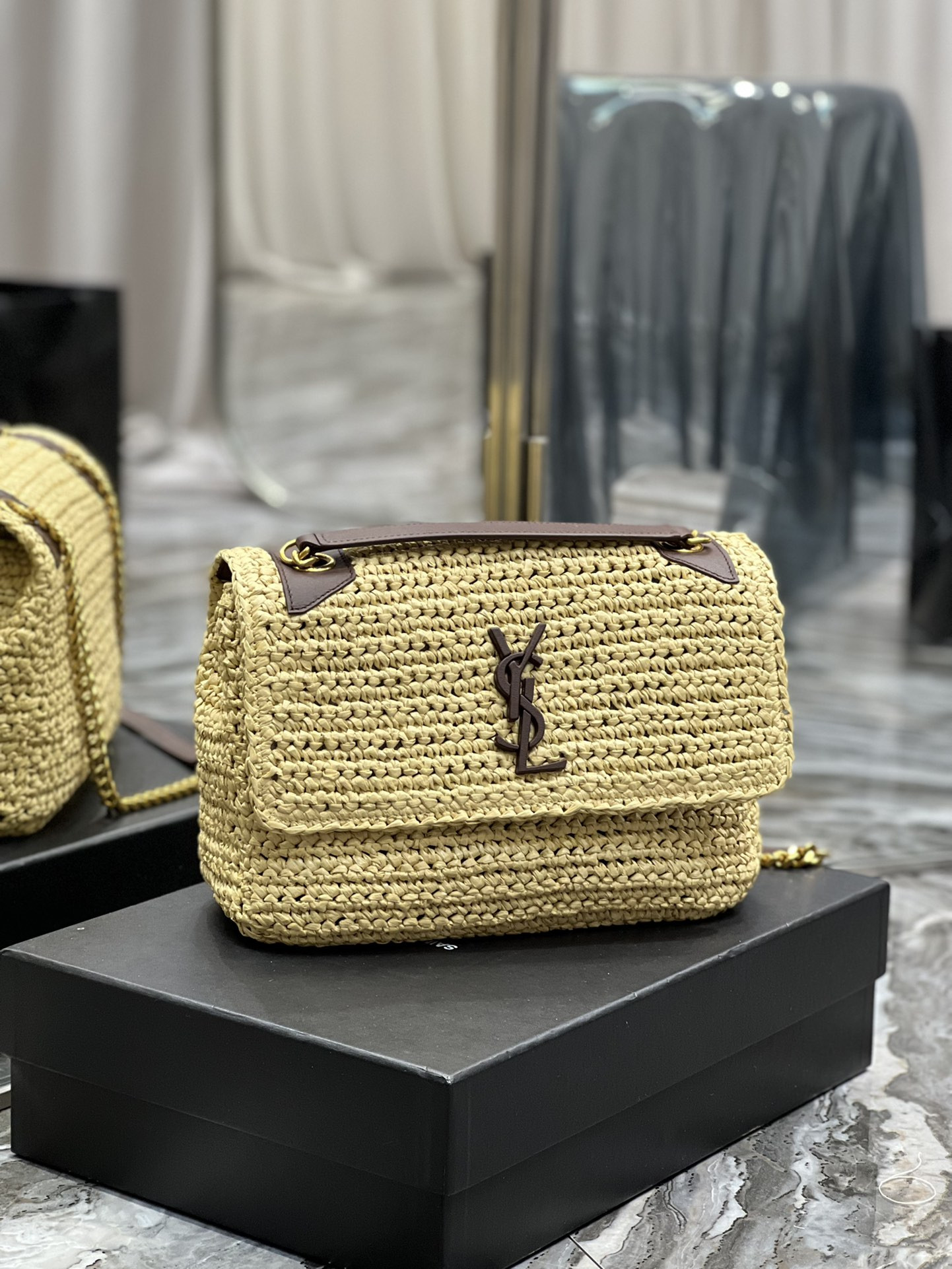 YSL NIKI MEDIUM CHAIN BAG IN RAFFIA AND LEATHER BEIGE 11 X 7.8 X 3.3 INCHES