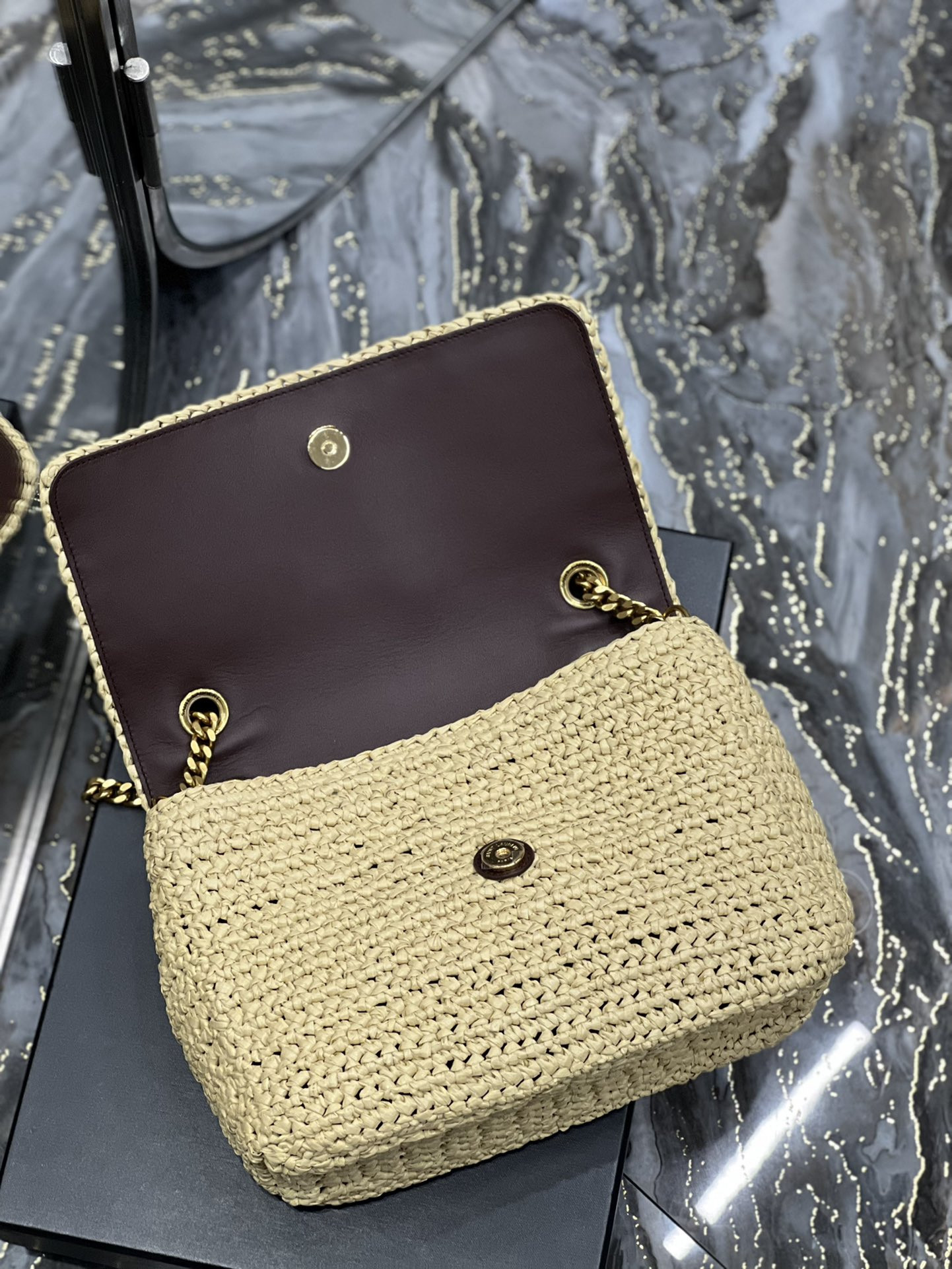 YSL NIKI MEDIUM CHAIN BAG IN RAFFIA AND LEATHER BEIGE 11 X 7.8 X 3.3 INCHES