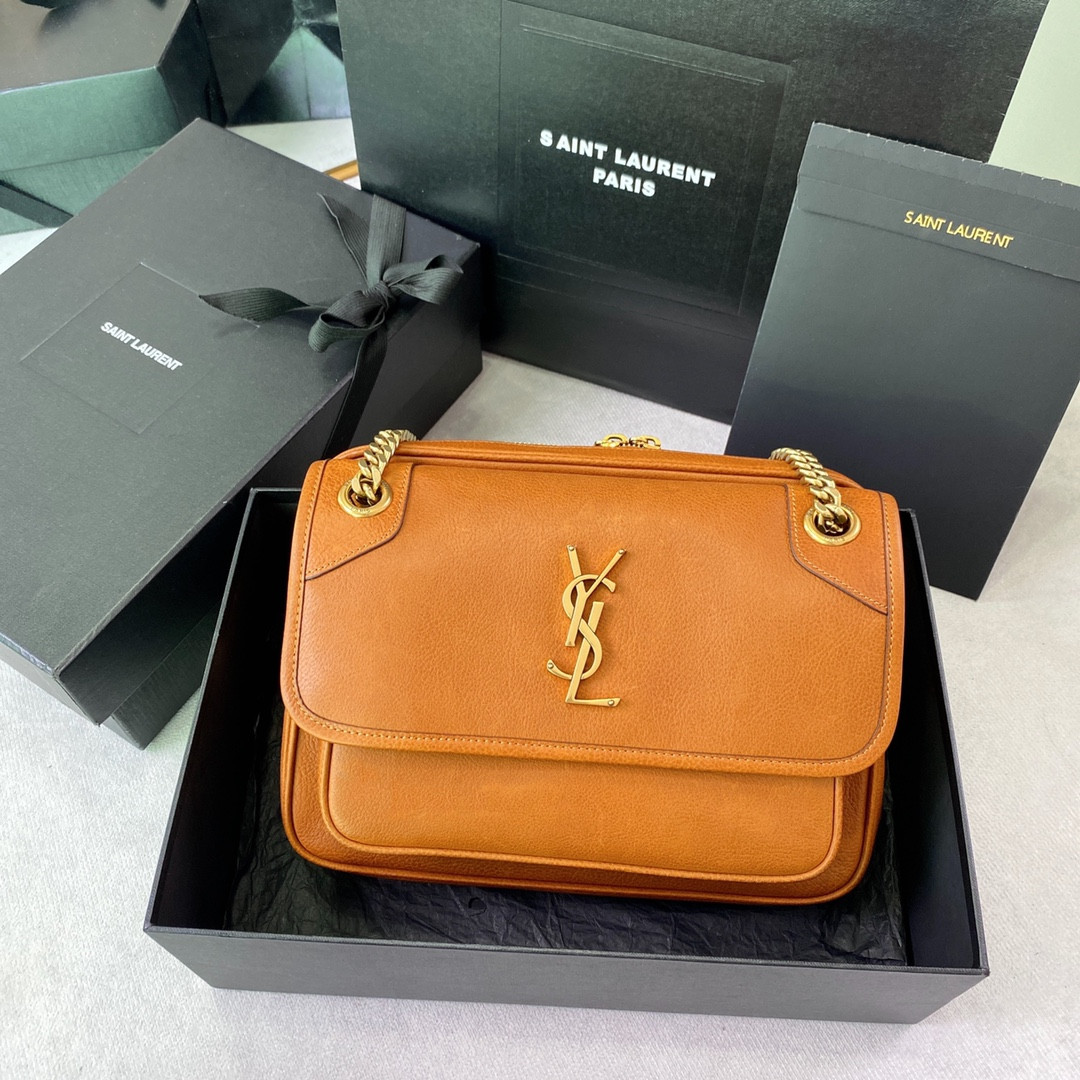YSL NIKI MEDIUM IN VINTAGE LEATHER ORANGE 11 X 7.8 X 3.3 INCHES