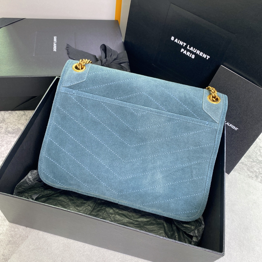 YSL NIKI MEDIUM IN SUEDE BLUE 11 X 7.8 X 3.3 INCHES