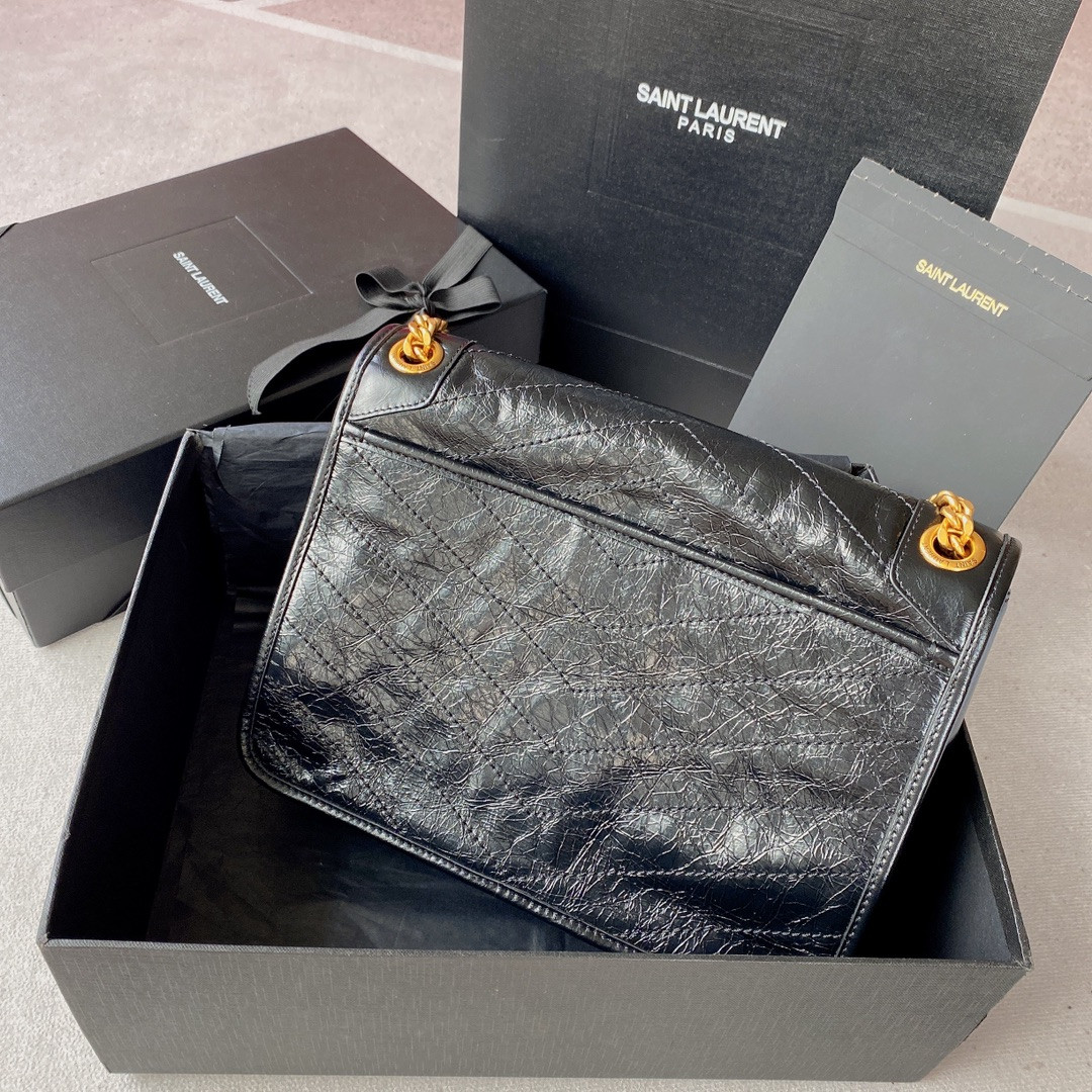 YSL NIKI MEDIUM IN VINTAGE LEATHER BLACK 11 X 7.8 X 3.3 INCHES