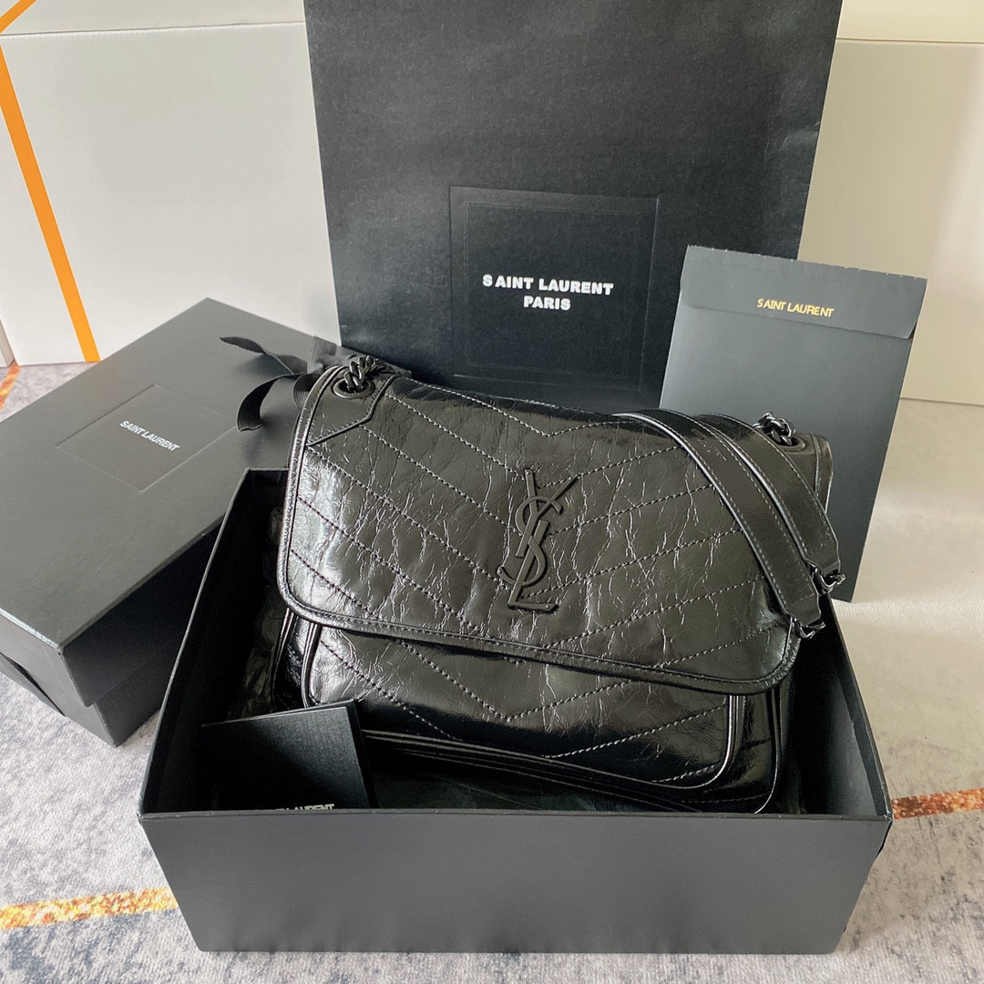 YSL NIKI MEDIUM IN VINTAGE LEATHER ALL BLACK 11 X 7.8 X 3.3 INCHES