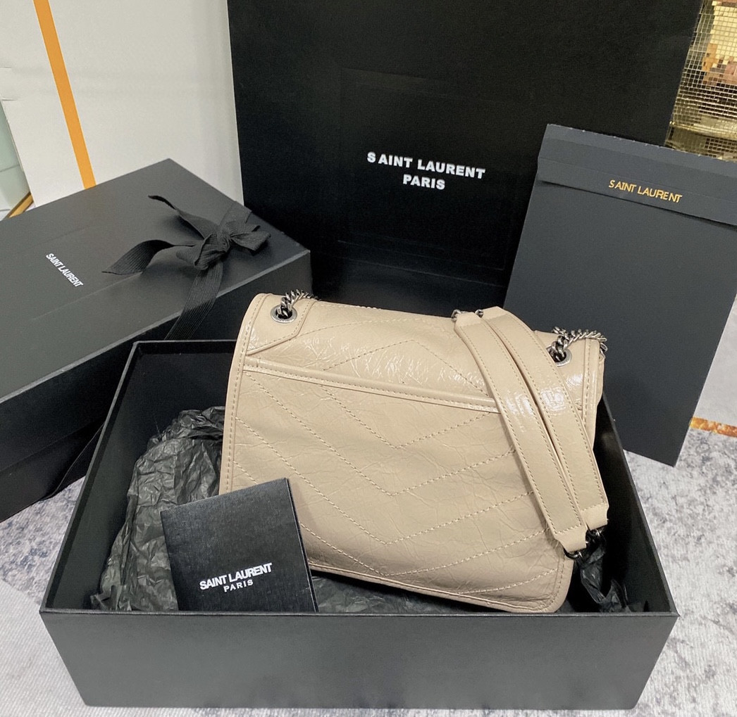 YSL NIKI BABY IN VINTAGE LEATHER BEIGE 8.2 X 6 X 2.9 INCHES