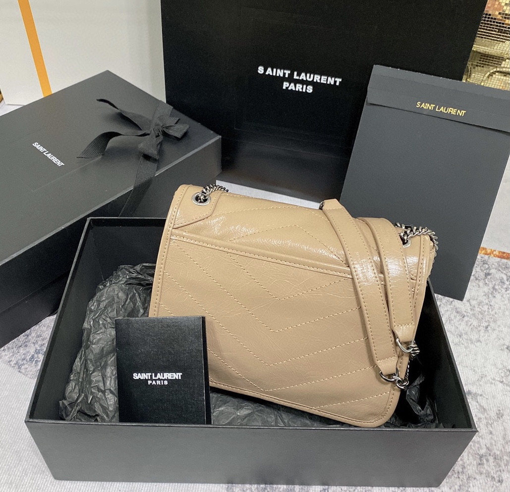 YSL NIKI BABY IN VINTAGE LEATHER DARK BEIGE 8.2 X 6 X 2.9 INCHES