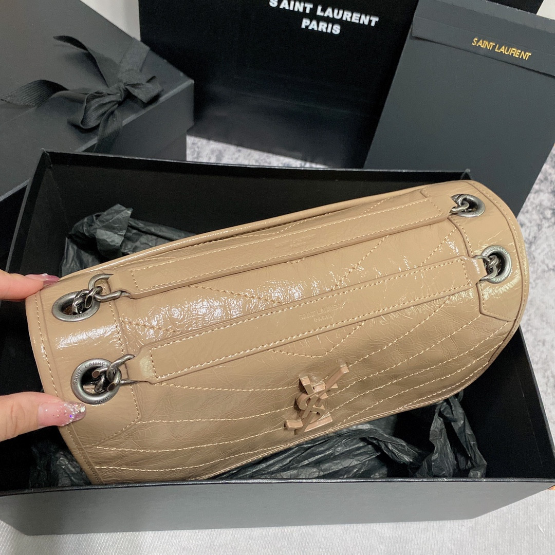 YSL NIKI MEDIUM IN VINTAGE LEATHER DARK BEIGE 11 X 7.8 X 3.3 INCHES