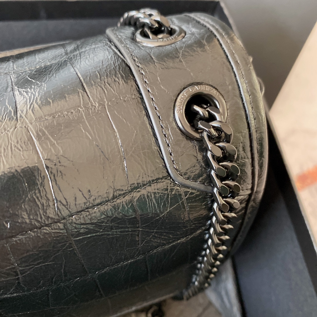 YSL NIKI BABY IN VINTAGE LEATHER BLACK SILVER 8.2 X 6 X 2.9 INCHES