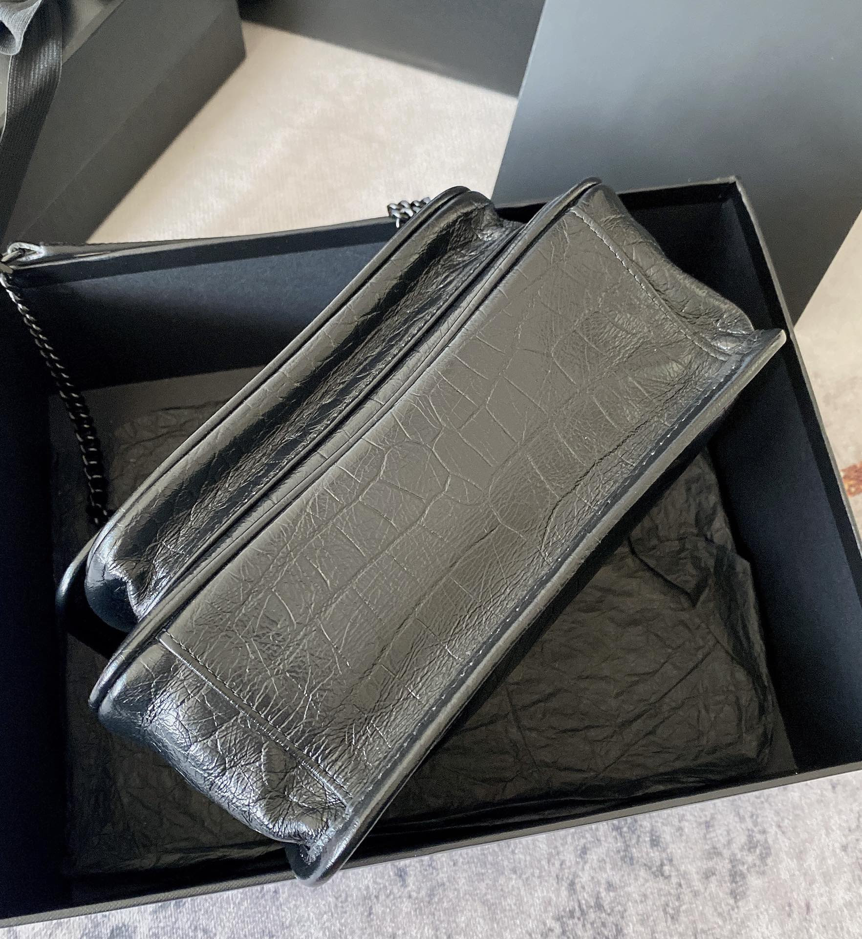 YSL NIKI BABY IN VINTAGE LEATHER BLACK SILVER 8.2 X 6 X 2.9 INCHES