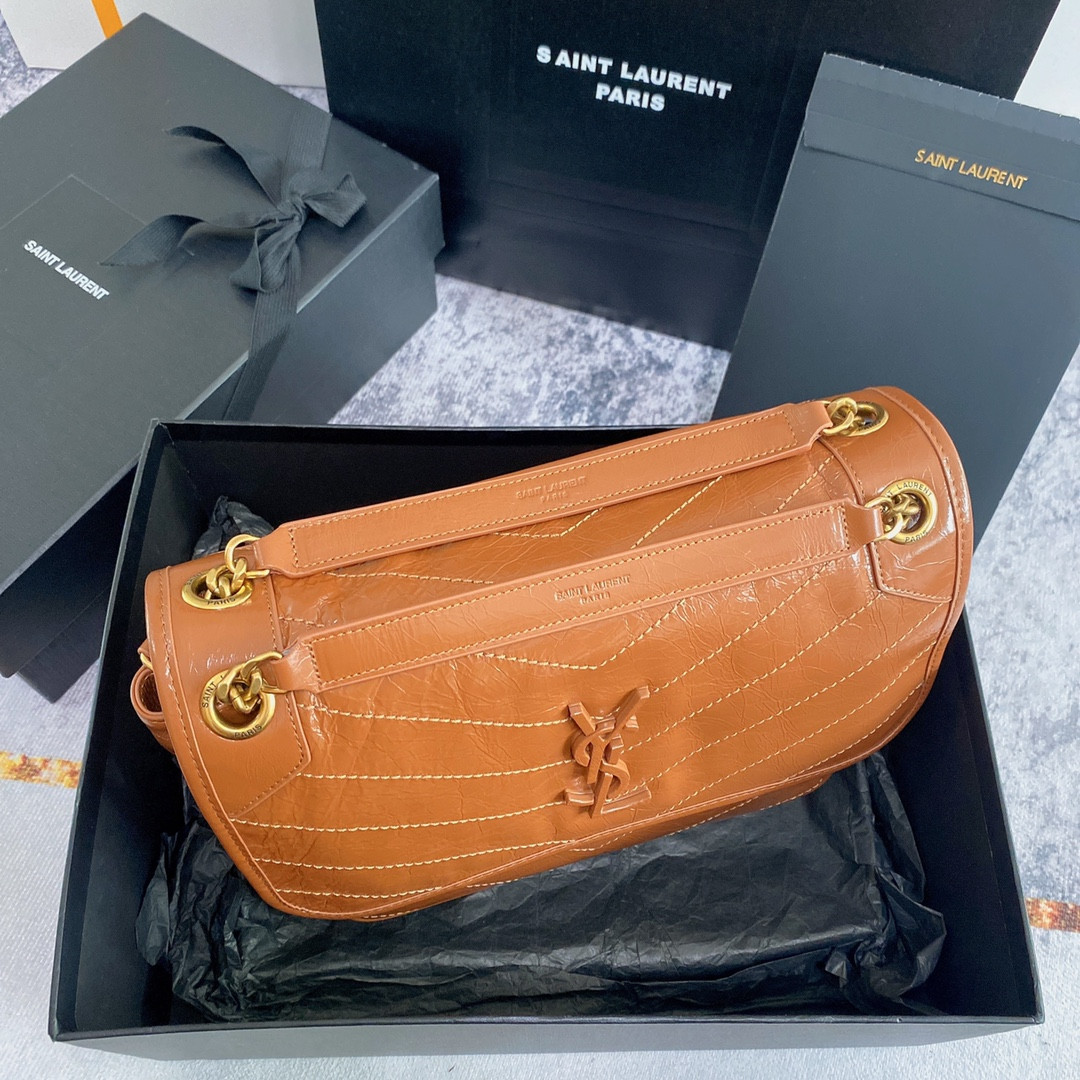 YSL NIKI MEDIUM IN VINTAGE LEATHER LIGHT CARAMEL 11 X 7.8 X 3.3 INCHES