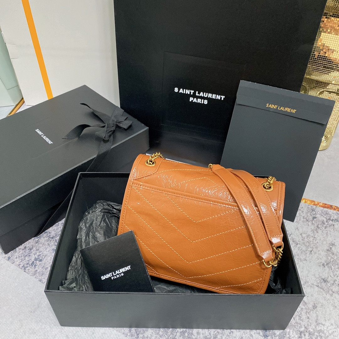 YSL NIKI BABY IN VINTAGE LEATHER LIGHT CARAMEL 8.2 X 6 X 2.9 INCHES