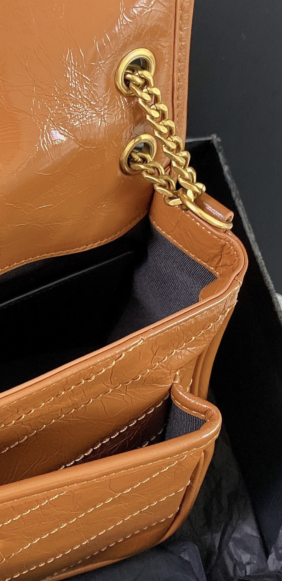 YSL NIKI BABY IN VINTAGE LEATHER LIGHT CARAMEL 8.2 X 6 X 2.9 INCHES