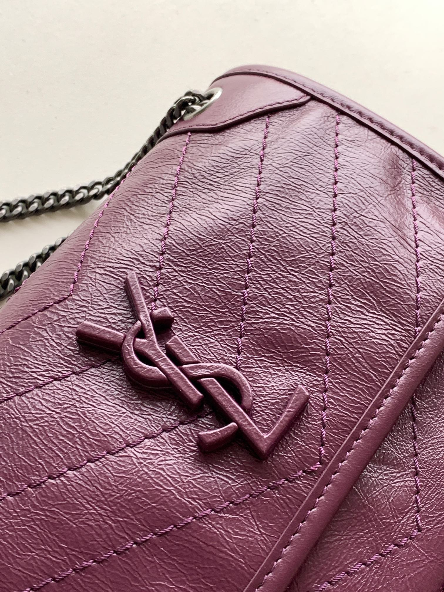 YSL NIKI BABY IN VINTAGE LEATHER PURPLE 8.2 X 6 X 2.9 INCHES