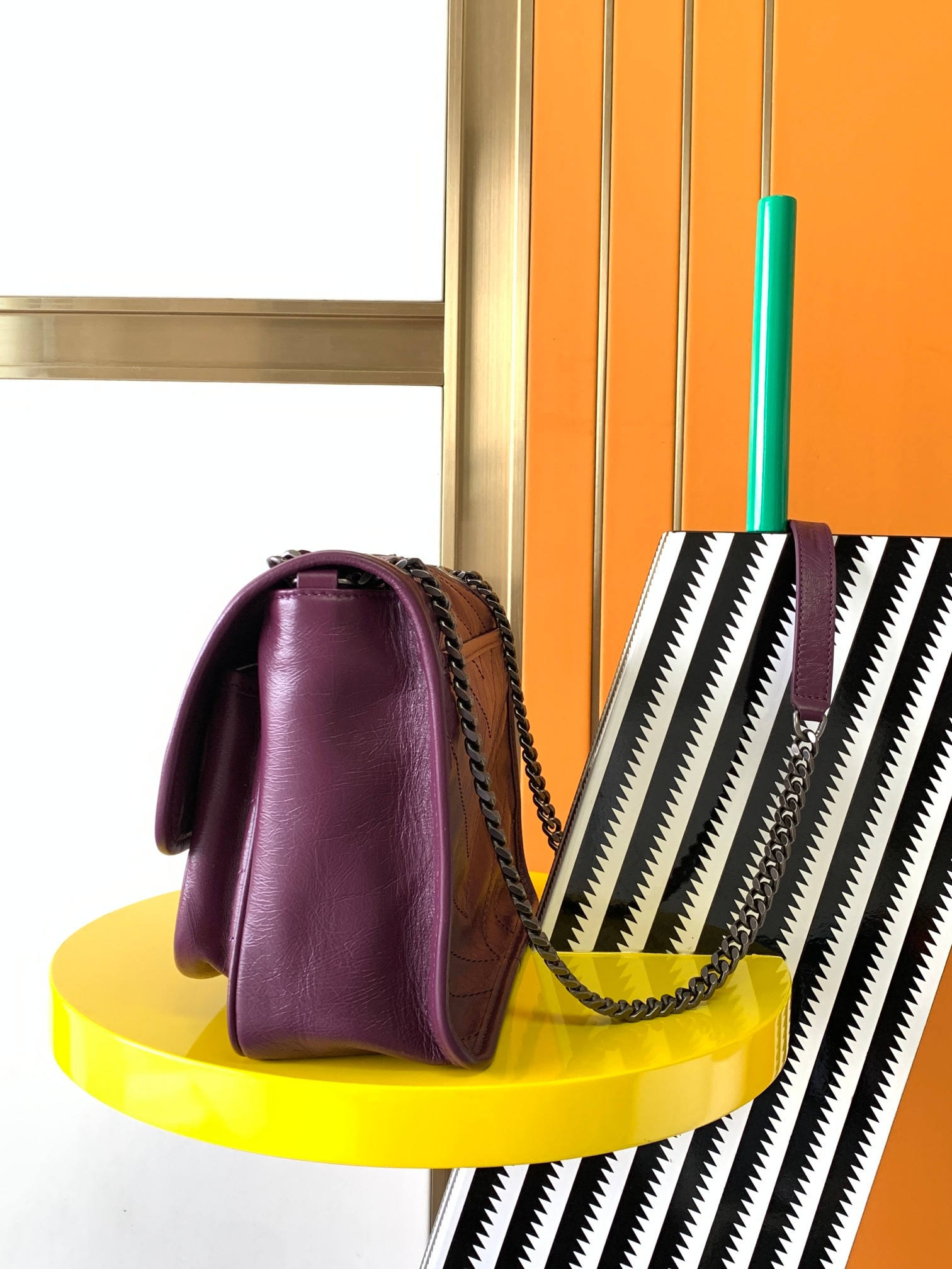 YSL NIKI MEDIUM IN VINTAGE LEATHER PURPLE 11 X 7.8 X 3.3 INCHES