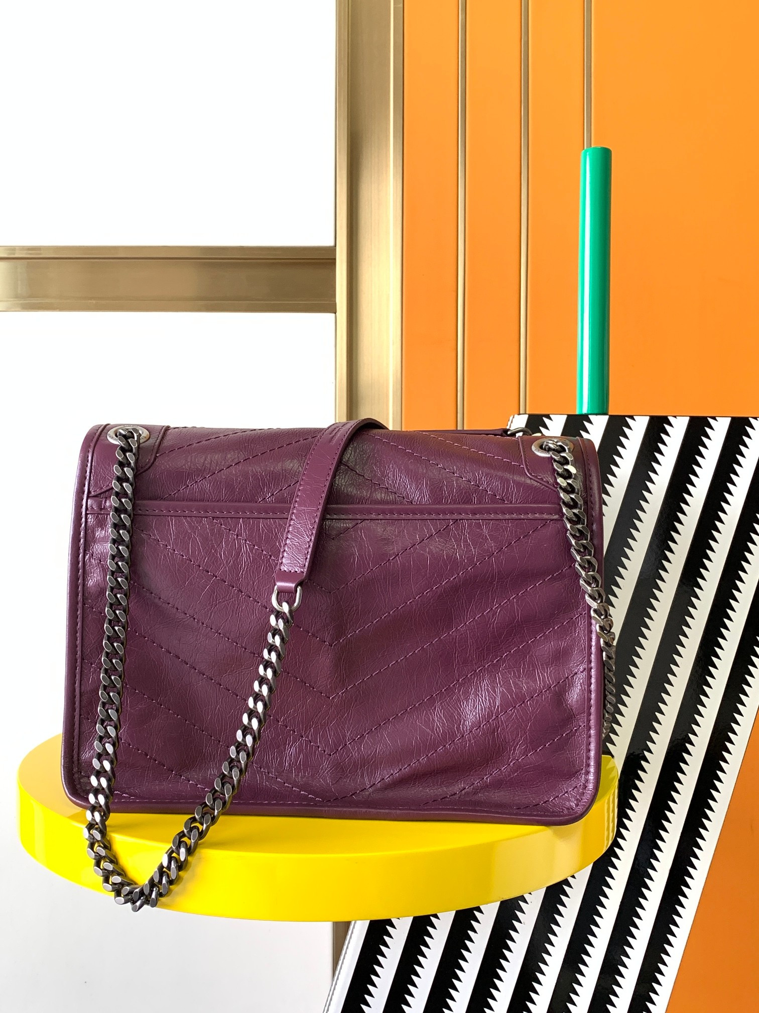 YSL NIKI MEDIUM IN VINTAGE LEATHER PURPLE 11 X 7.8 X 3.3 INCHES