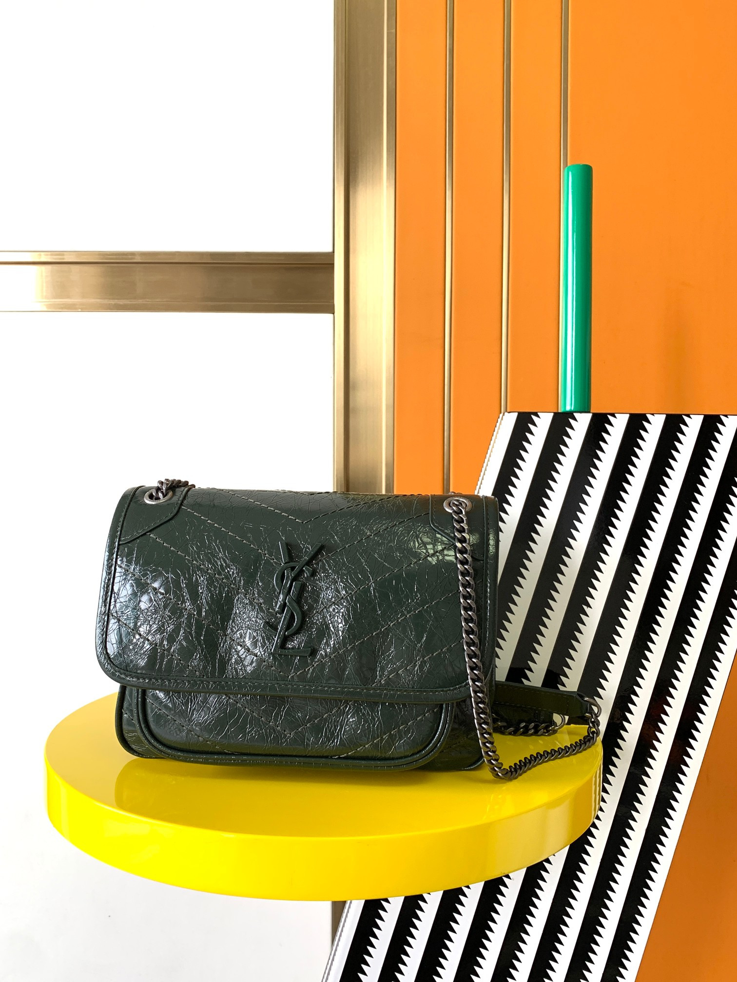 YSL NIKI BABY IN VINTAGE LEATHER DARK GREEN 8.2 X 6 X 2.9 INCHES