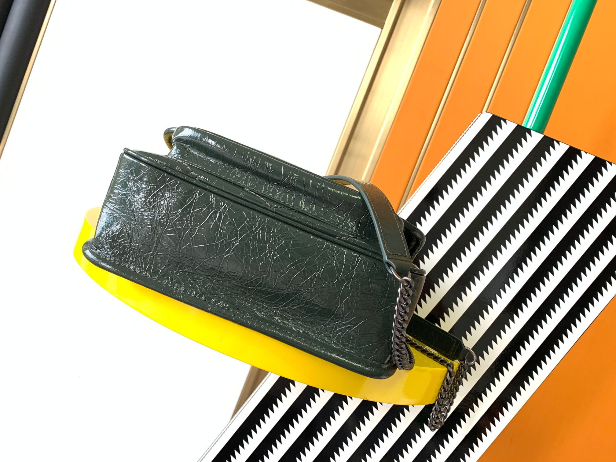 YSL NIKI BABY IN VINTAGE LEATHER DARK GREEN 8.2 X 6 X 2.9 INCHES