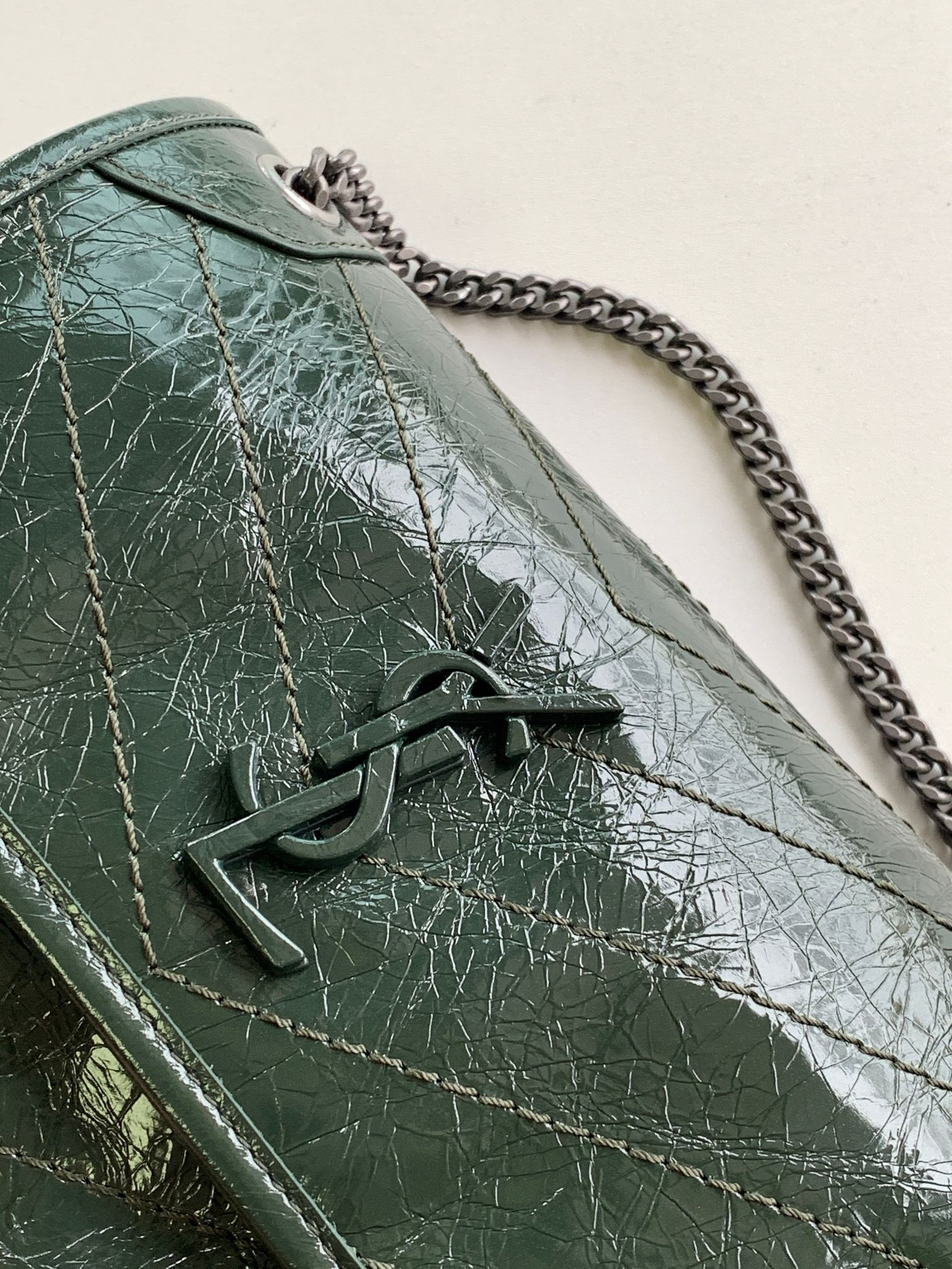 YSL NIKI BABY IN VINTAGE LEATHER DARK GREEN 8.2 X 6 X 2.9 INCHES