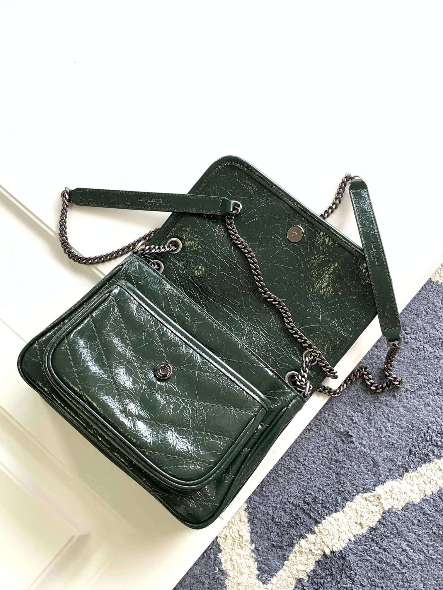 YSL NIKI BABY IN VINTAGE LEATHER DARK GREEN 8.2 X 6 X 2.9 INCHES