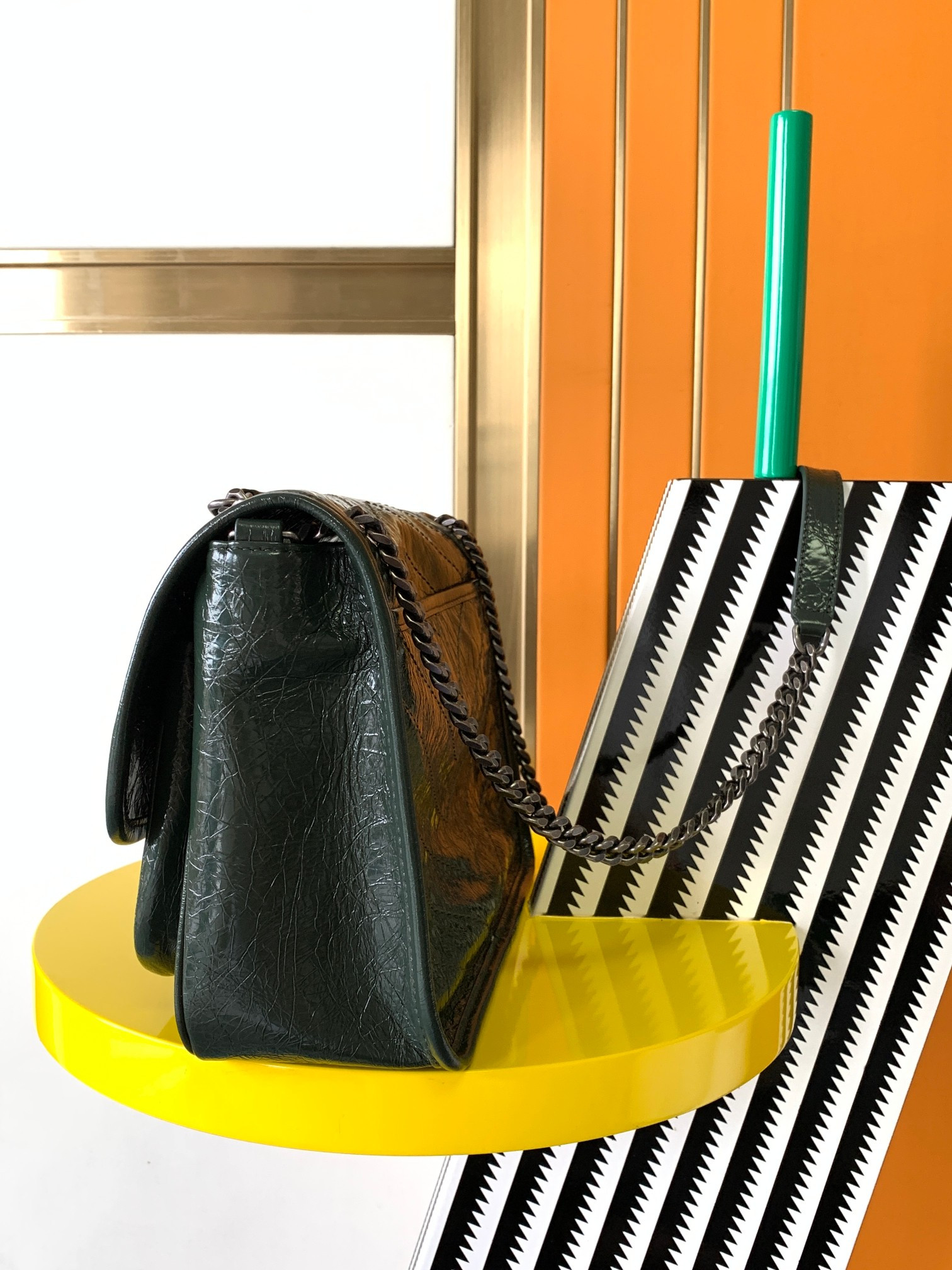 YSL NIKI MEDIUM IN VINTAGE LEATHER dark green 11 X 7.8 X 3.3 INCHES