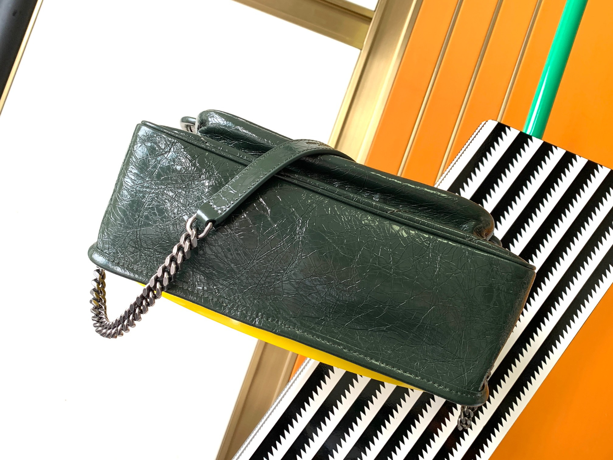 YSL NIKI MEDIUM IN VINTAGE LEATHER dark green 11 X 7.8 X 3.3 INCHES
