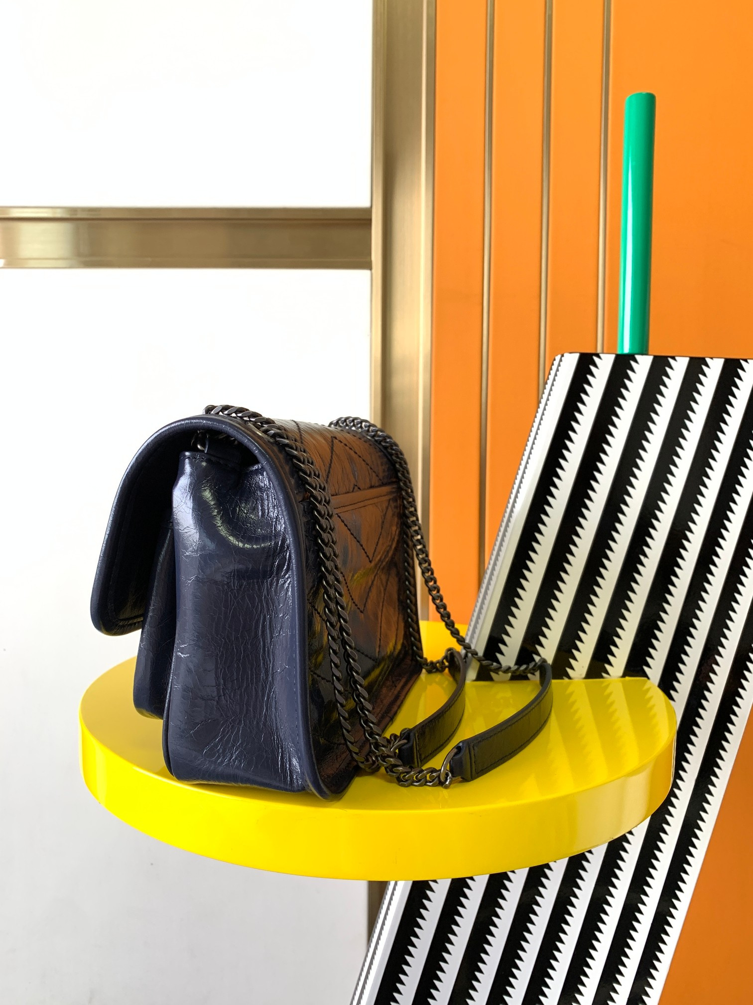 YSL NIKI BABY IN VINTAGE LEATHER NAVY 8.2 X 6 X 2.9 INCHES