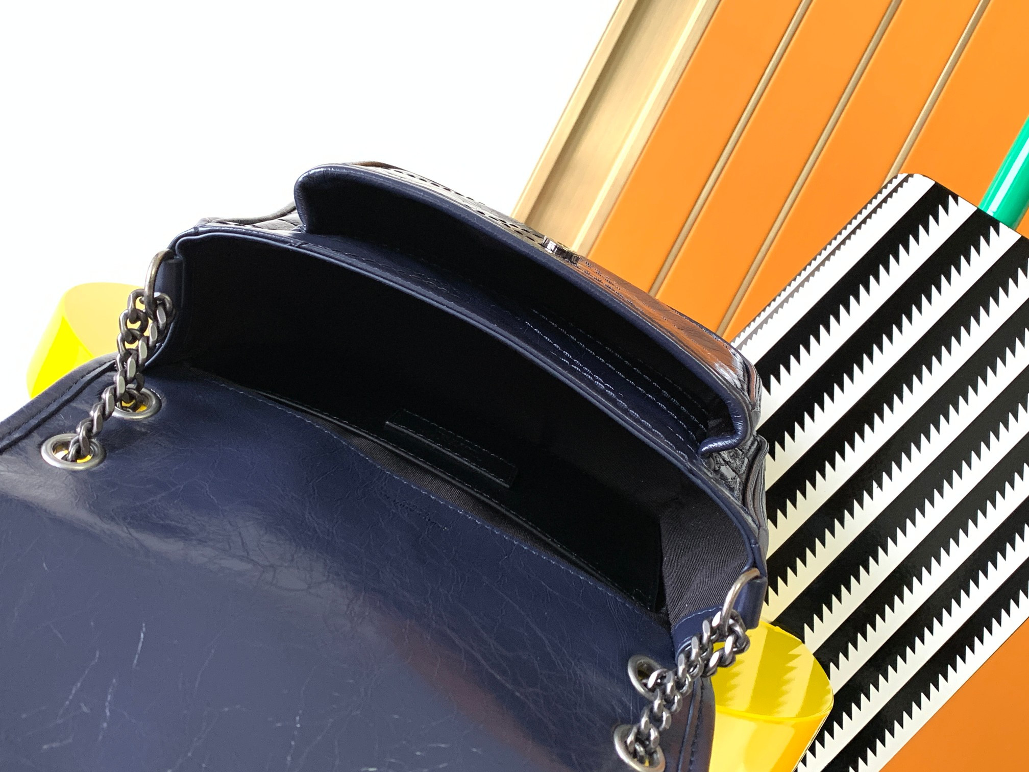 YSL NIKI BABY IN VINTAGE LEATHER NAVY 8.2 X 6 X 2.9 INCHES