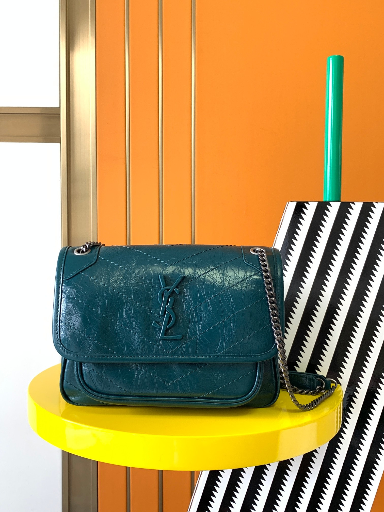 YSL NIKI BABY IN VINTAGE LEATHER BLUE 8.2 X 6 X 2.9 INCHES