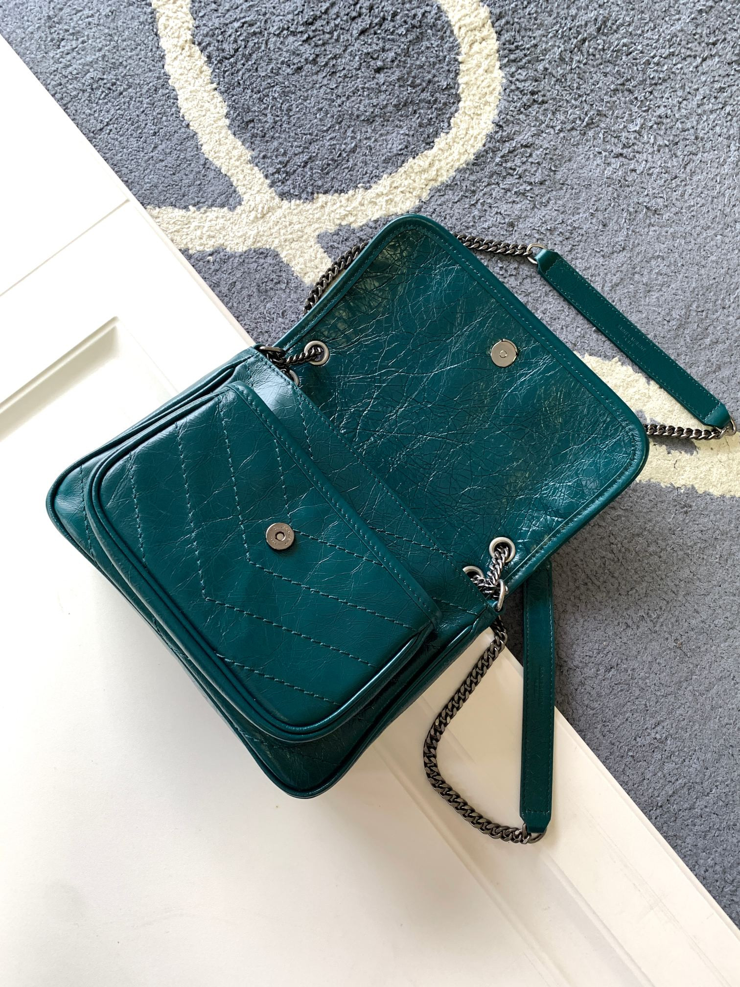 YSL NIKI BABY IN VINTAGE LEATHER BLUE 8.2 X 6 X 2.9 INCHES