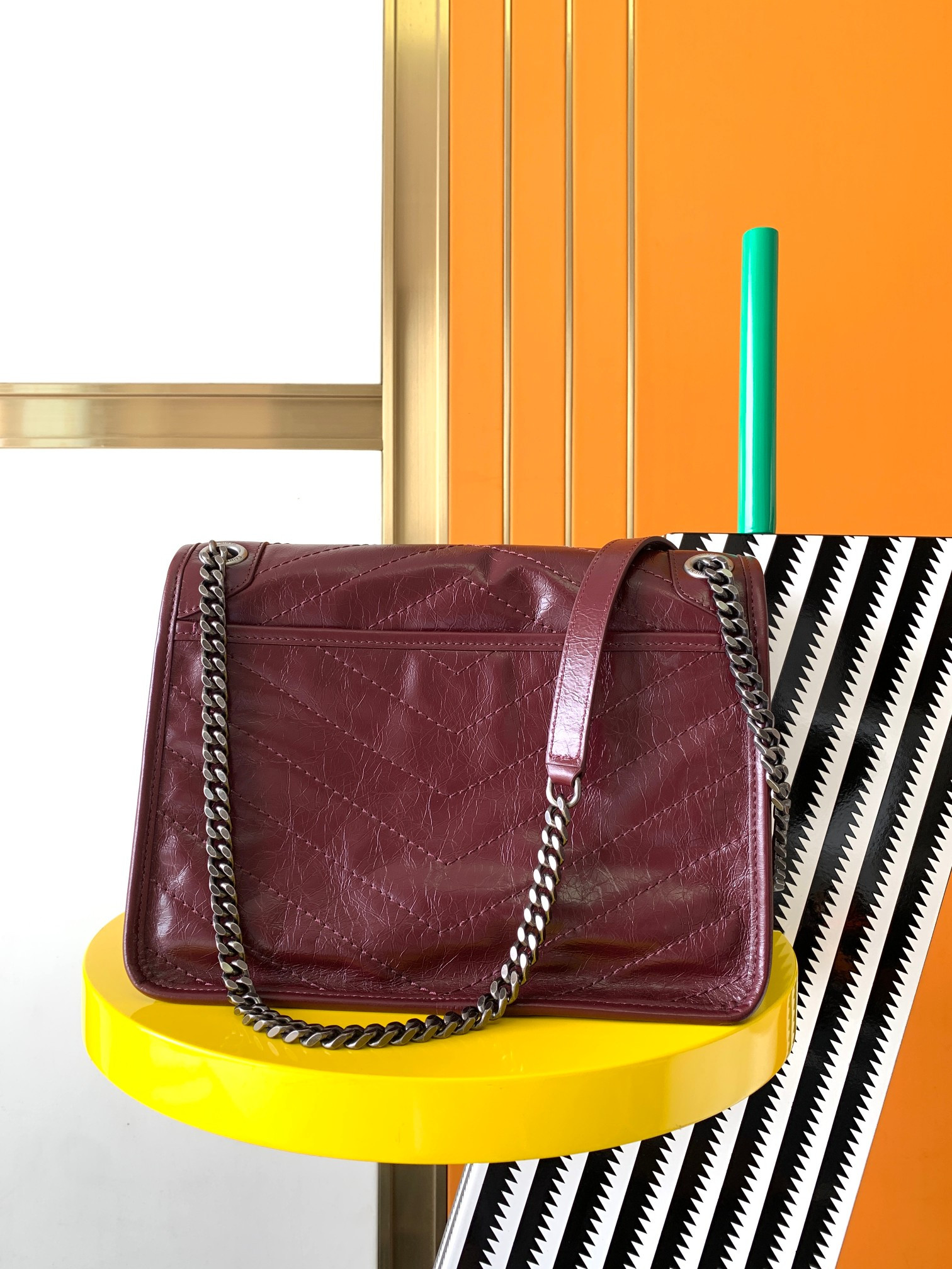 YSL NIKI MEDIUM IN VINTAGE LEATHER RED 11 X 7.8 X 3.3 INCHES