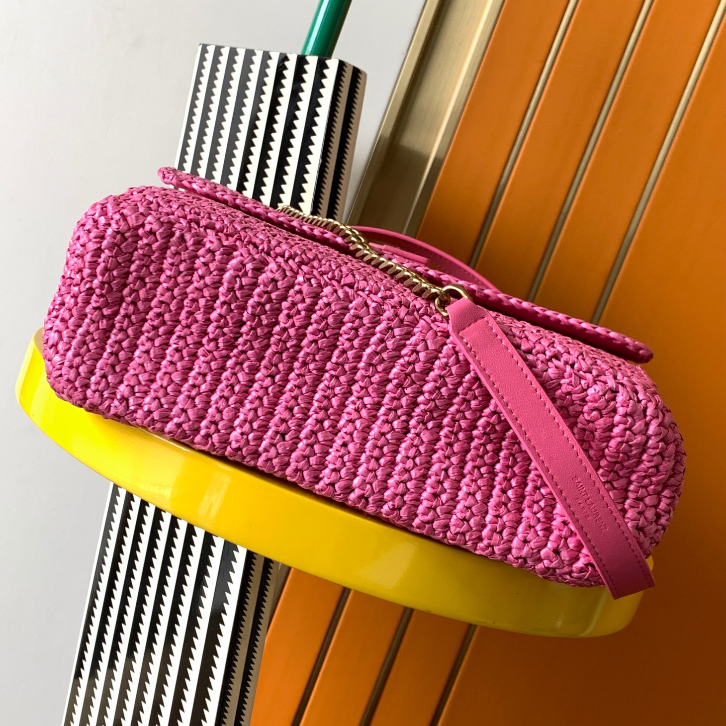 YSL NIKI MEDIUM CHAIN BAG IN RAFFIA AND LEATHER 11 X 7.8 X 3.3 INCHES