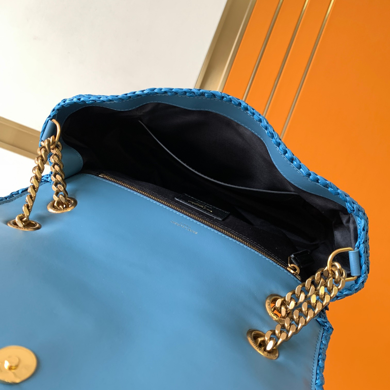 YSL NIKI MEDIUM CHAIN BAG IN RAFFIA AND LEATHER BLUE 11 X 7.8 X 3.3 INCHES