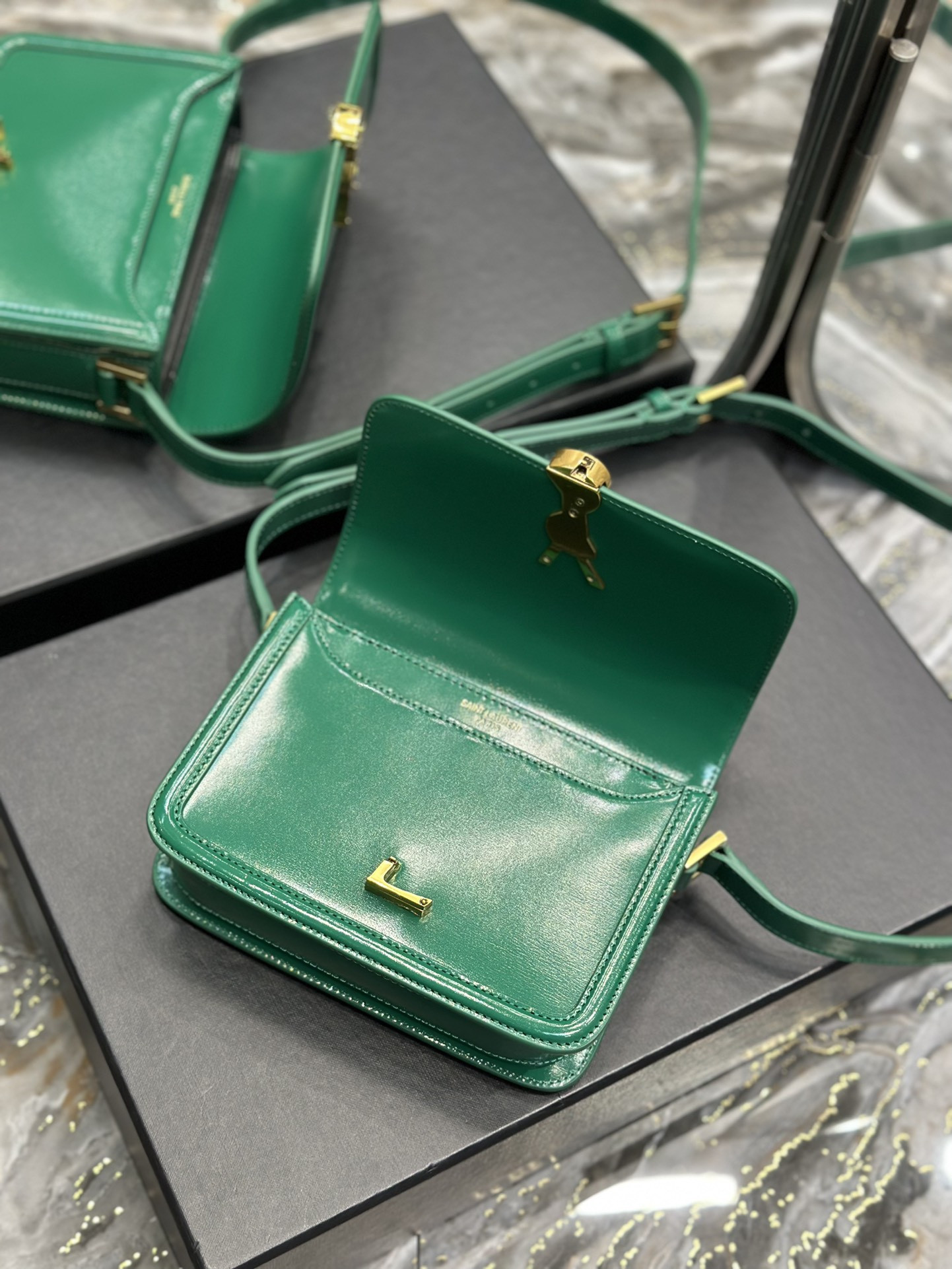 YSL SOLFERINO SMALL SATCHEL IN BOX SAINT LAURENT GREEN 7.4 X 5.1 X 1.9 INCHES