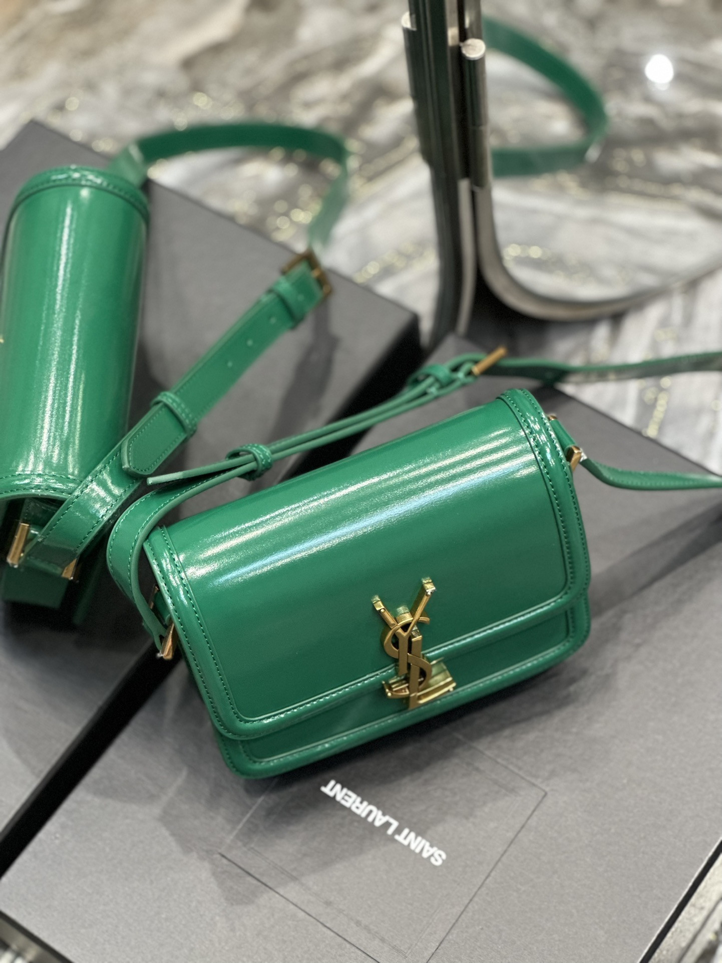YSL SOLFERINO SMALL SATCHEL IN BOX SAINT LAURENT GREEN 7.4 X 5.1 X 1.9 INCHES