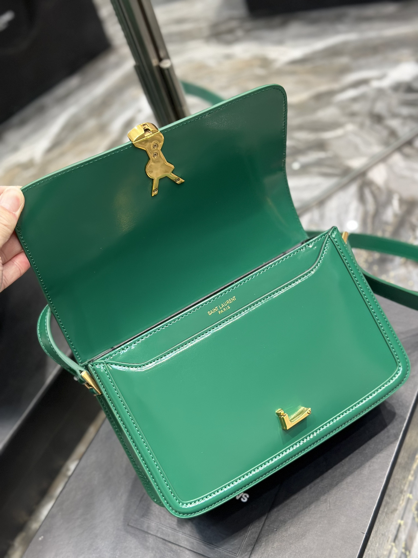 YSL SOLFERINO MEDIUM SATCHEL IN BOX SAINT LAURENT GREEN 9.1 X 6.3 X 2.4 INCHES