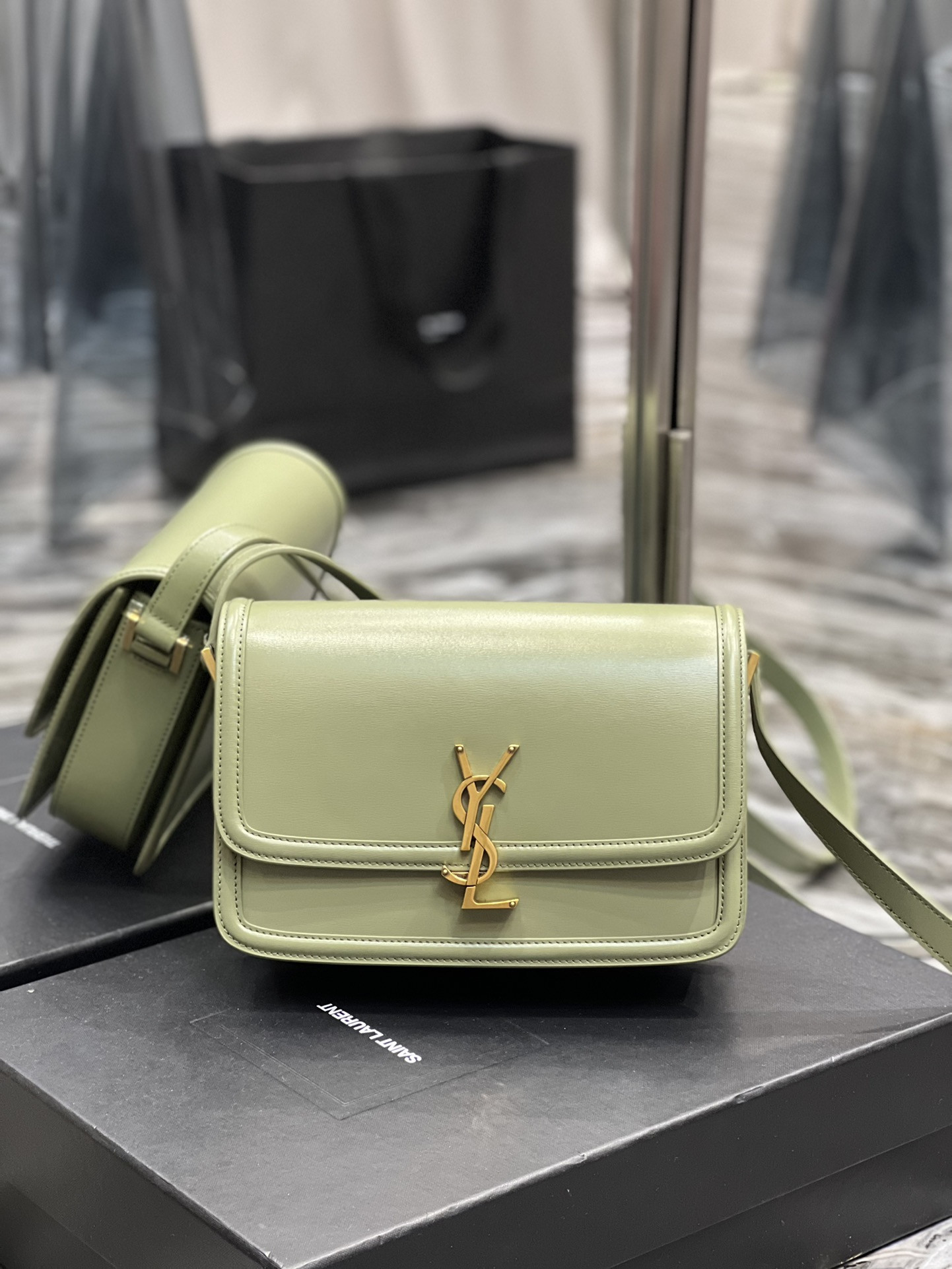 YSL SOLFERINO MEDIUM SATCHEL IN BOX SAINT LAURENT LIGHT GREEN 9.1 X 6.3 X 2.4 INCHES
