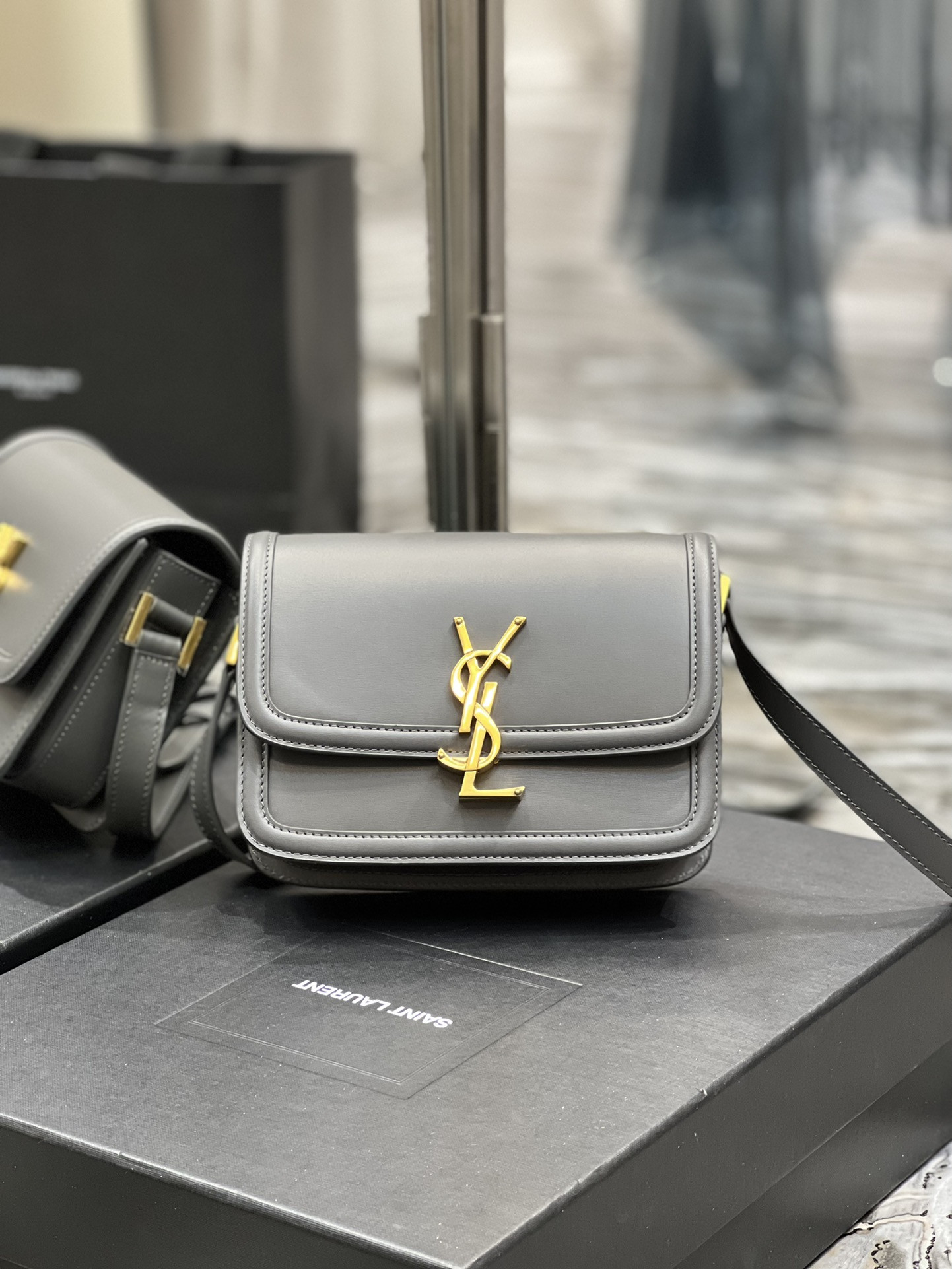 YSL SOLFERINO SMALL SATCHEL IN BOX SAINT LAURENT STORM 7.4 X 5.1 X 1.9 INCHES