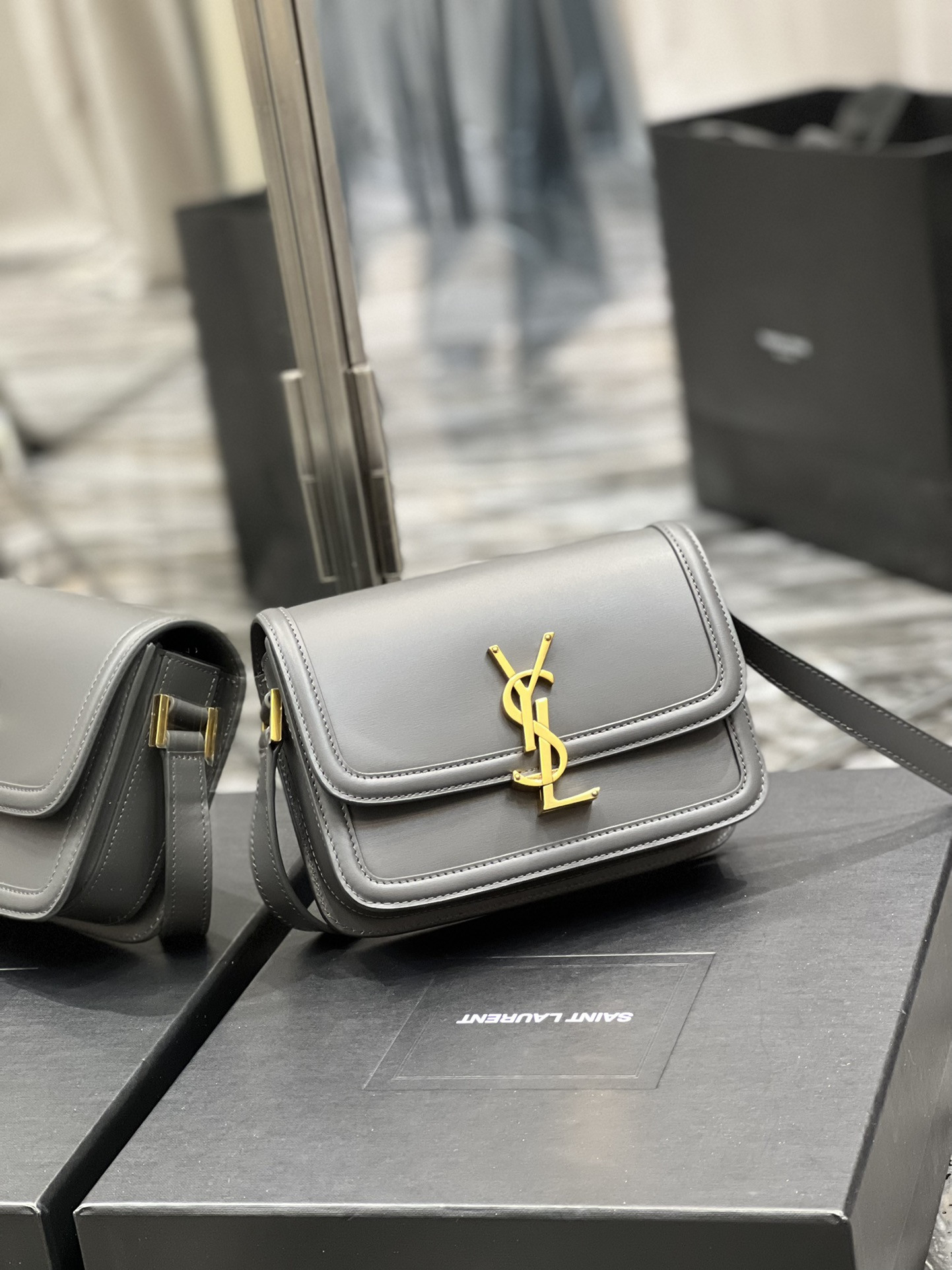 YSL SOLFERINO SMALL SATCHEL IN BOX SAINT LAURENT STORM 7.4 X 5.1 X 1.9 INCHES
