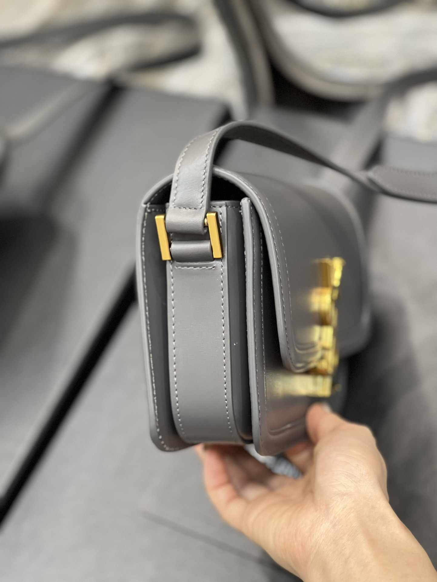 YSL SOLFERINO SMALL SATCHEL IN BOX SAINT LAURENT STORM 7.4 X 5.1 X 1.9 INCHES