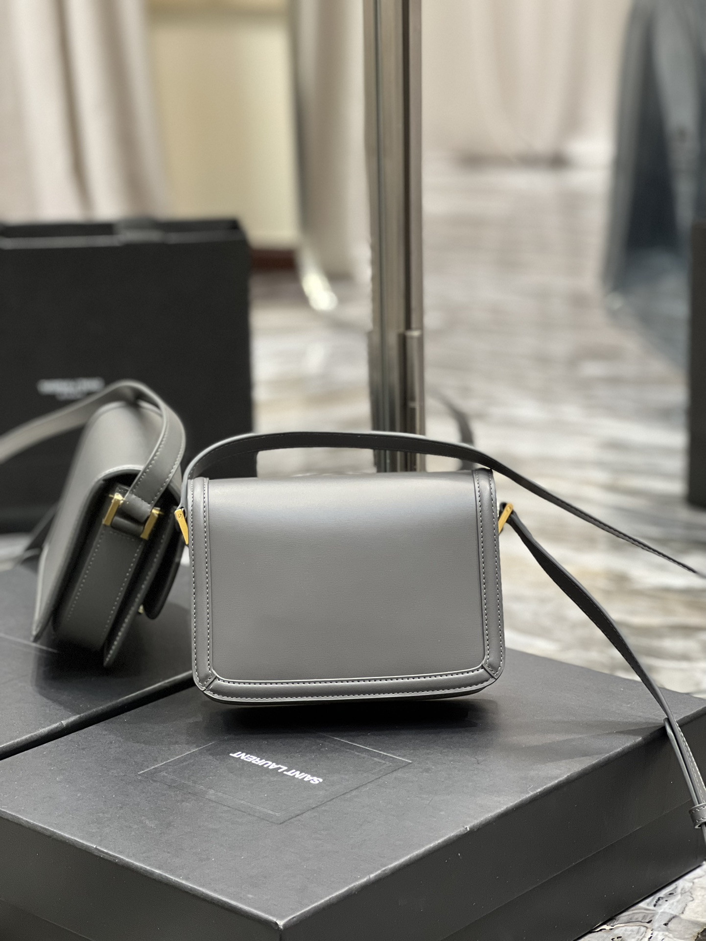 YSL SOLFERINO SMALL SATCHEL IN BOX SAINT LAURENT STORM 7.4 X 5.1 X 1.9 INCHES