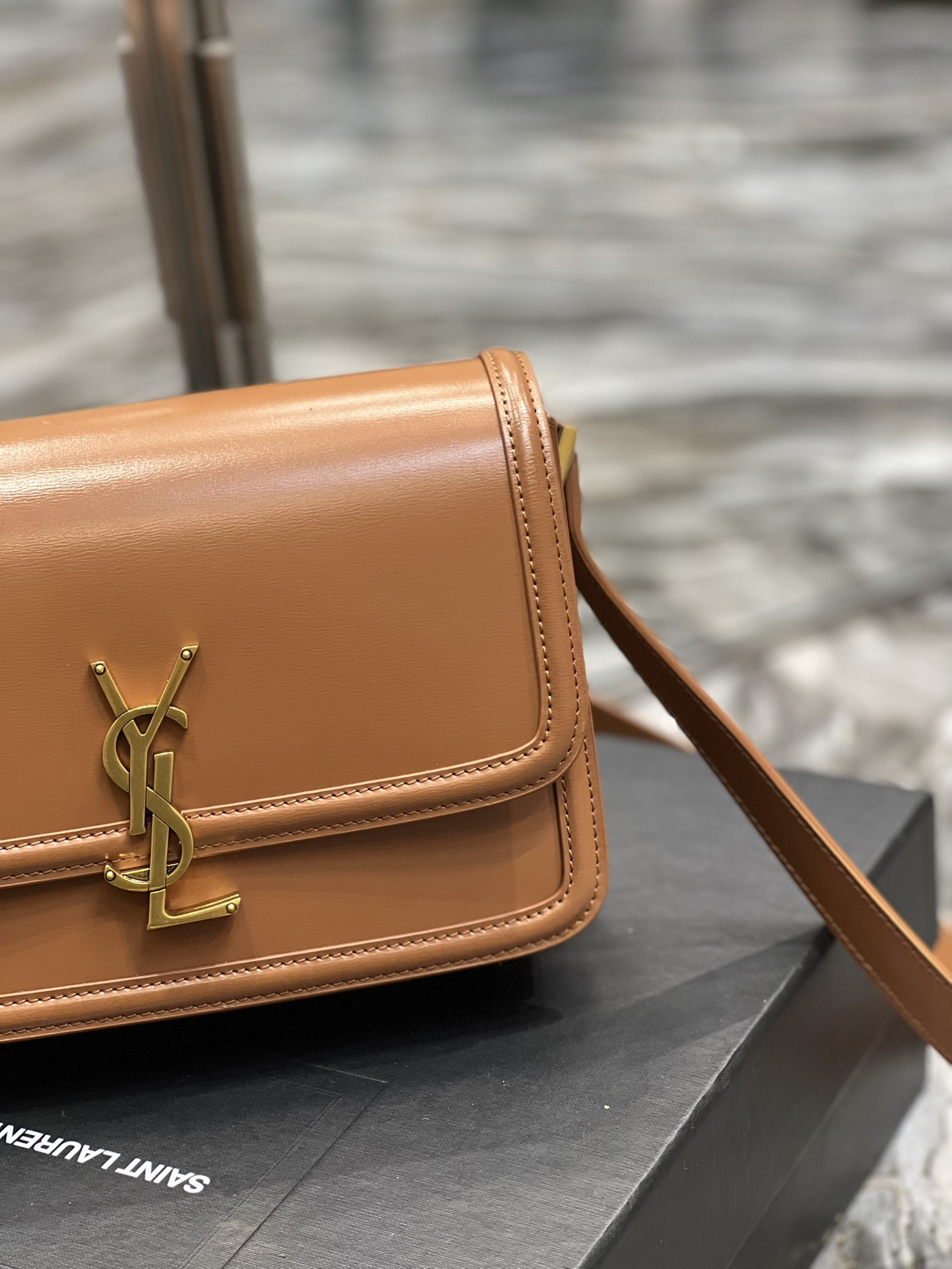 YSL SOLFERINO MEDIUM SATCHEL IN BOX SAINT LAURENT BROWN 9.1 X 6.3 X 2.4 INCHES