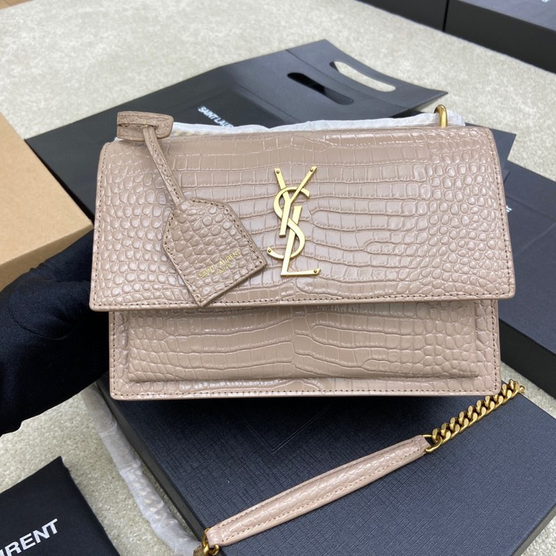 YSL SUNSET MEDIUM IN CROCODILE-EMBOSSED LEATHER DARK BEIGE 8 X 6.2 X 2.5 INCHES