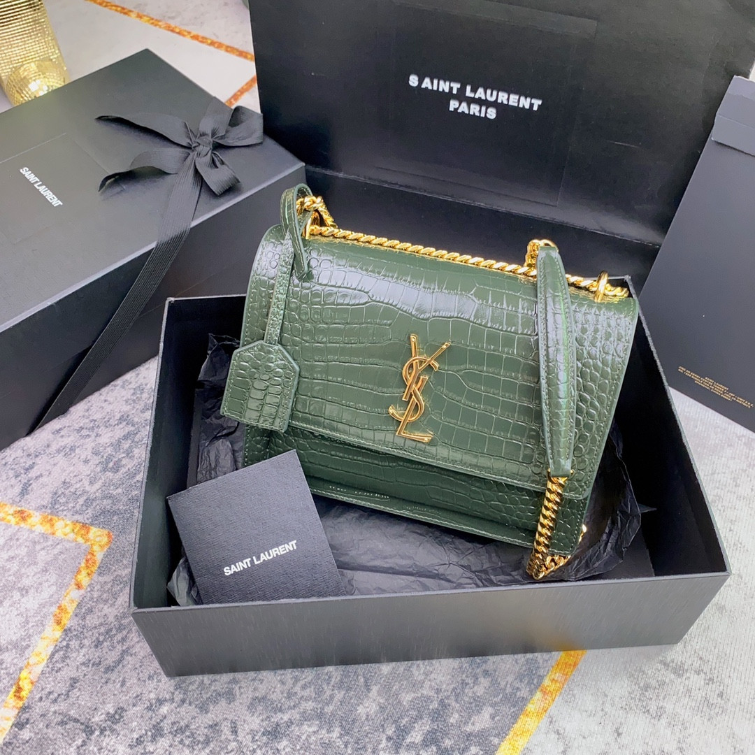 YSL SUNSET MEDIUM IN CROCODILE-EMBOSSED LEATHER MINT 8 X 6.2 X 2.5 INCHES