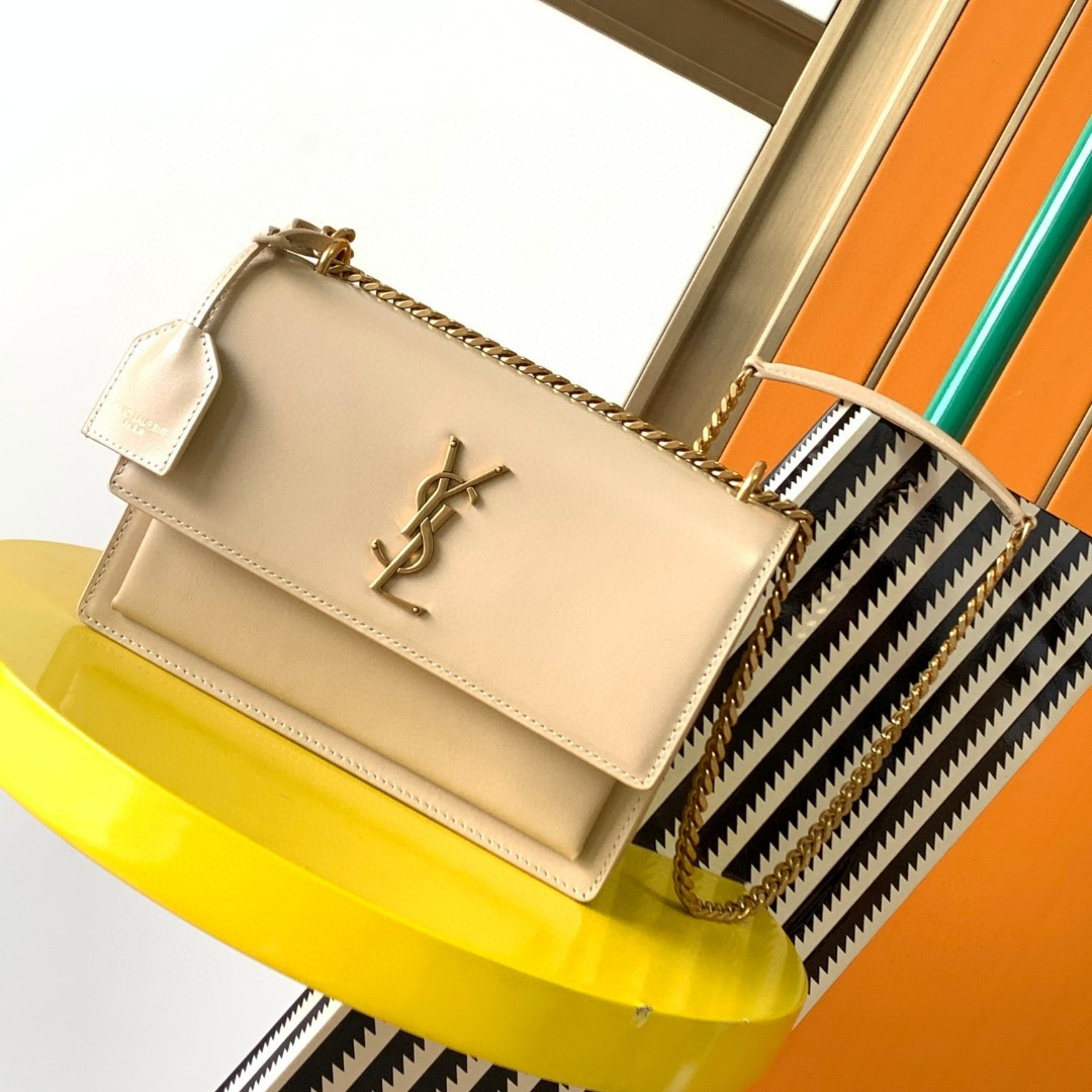 YSL SUNSET MEDIUM IN COATED-BARK LEATHER BEIGE 8 X 6.2 X 2.5 INCHES